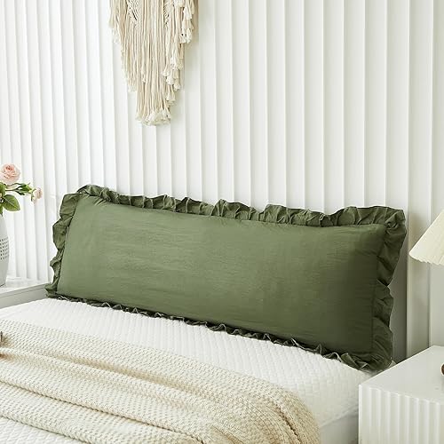 Funda de almohada corporal verde oliva Shabby Chic - Funda de almohada de 20 x 54 pulgadas de largo con decoración de flecos con volantes