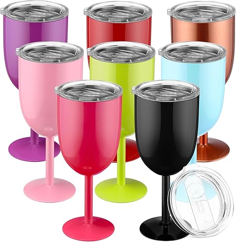Yinder 8 copas de vino de acero inoxidable con tallos, copa de vino inoxidable de 12 onzas con tapas, copas irrompibles con aislamiento de doble