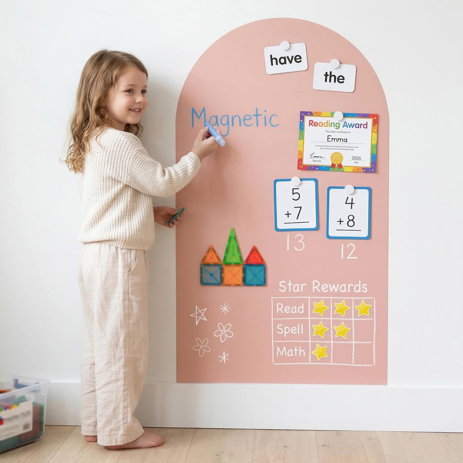 Magnetic Arch Wall Decal: Large 39.4"x23.6" Peel and Stick Chalkboard for Wall - Screen-Free Playroom Decor & Bedroom Learning Nook for Toddlers 1-4 & Kids 5-10 (Flesh Pink)