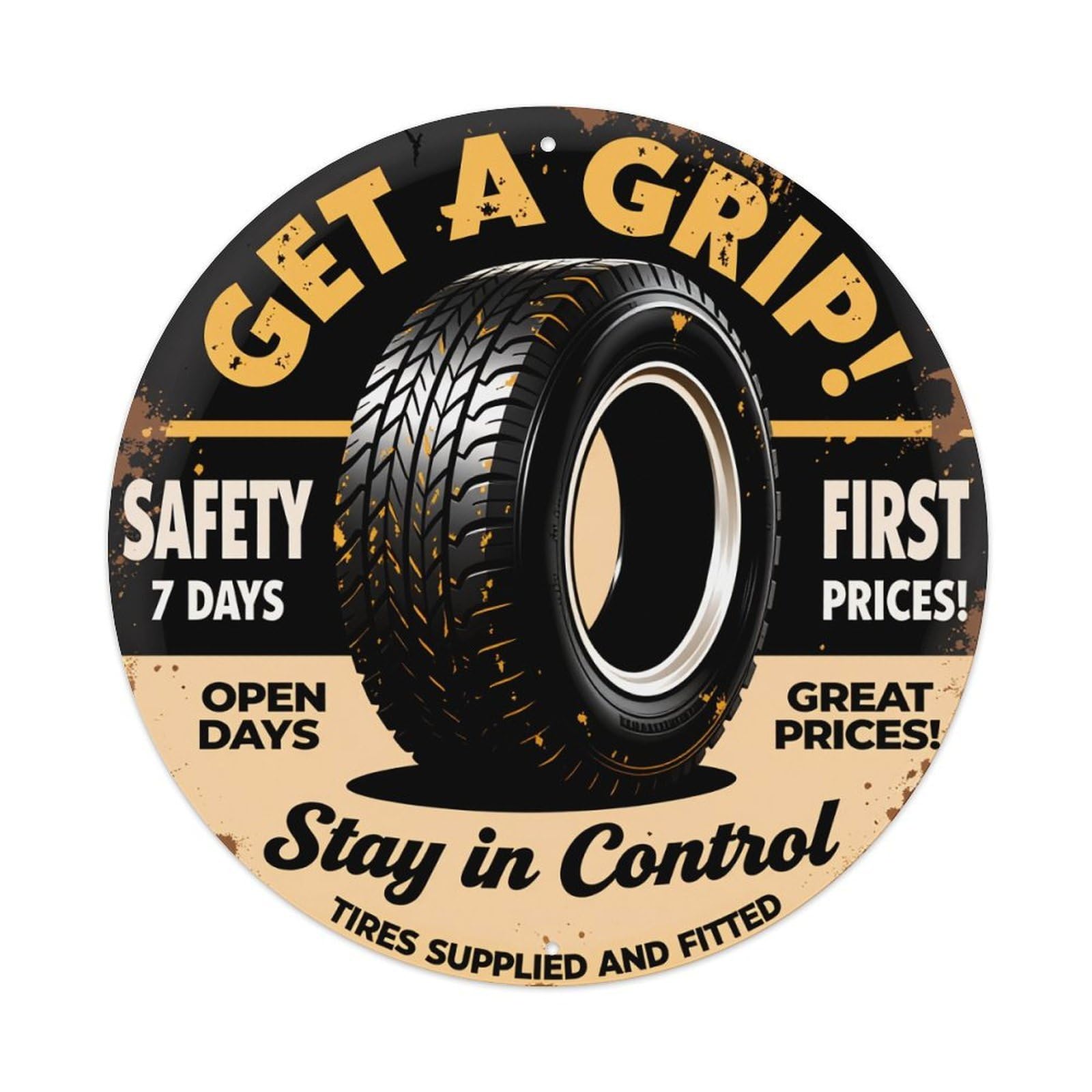 Tire With Deep Tread And Yellow Accents Round Vintage Tin Sign,Retro Wall Art,Metal Poster for Home, Bar, Garage, Cafe, Rustic Indoor & Outdoor Decor, 8x8 Inches