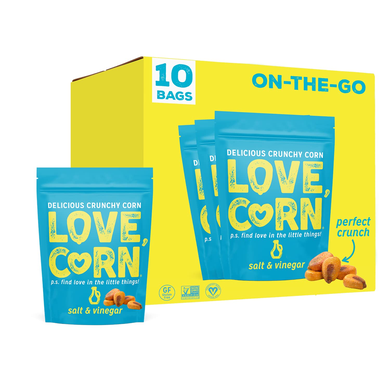 LOVE CORN | Salt & Vinegar Delicious Crunchy Corn | 1.6oz, 10 bags | Low-Sugar, Gluten-Free, Plant Based, Non-GMO