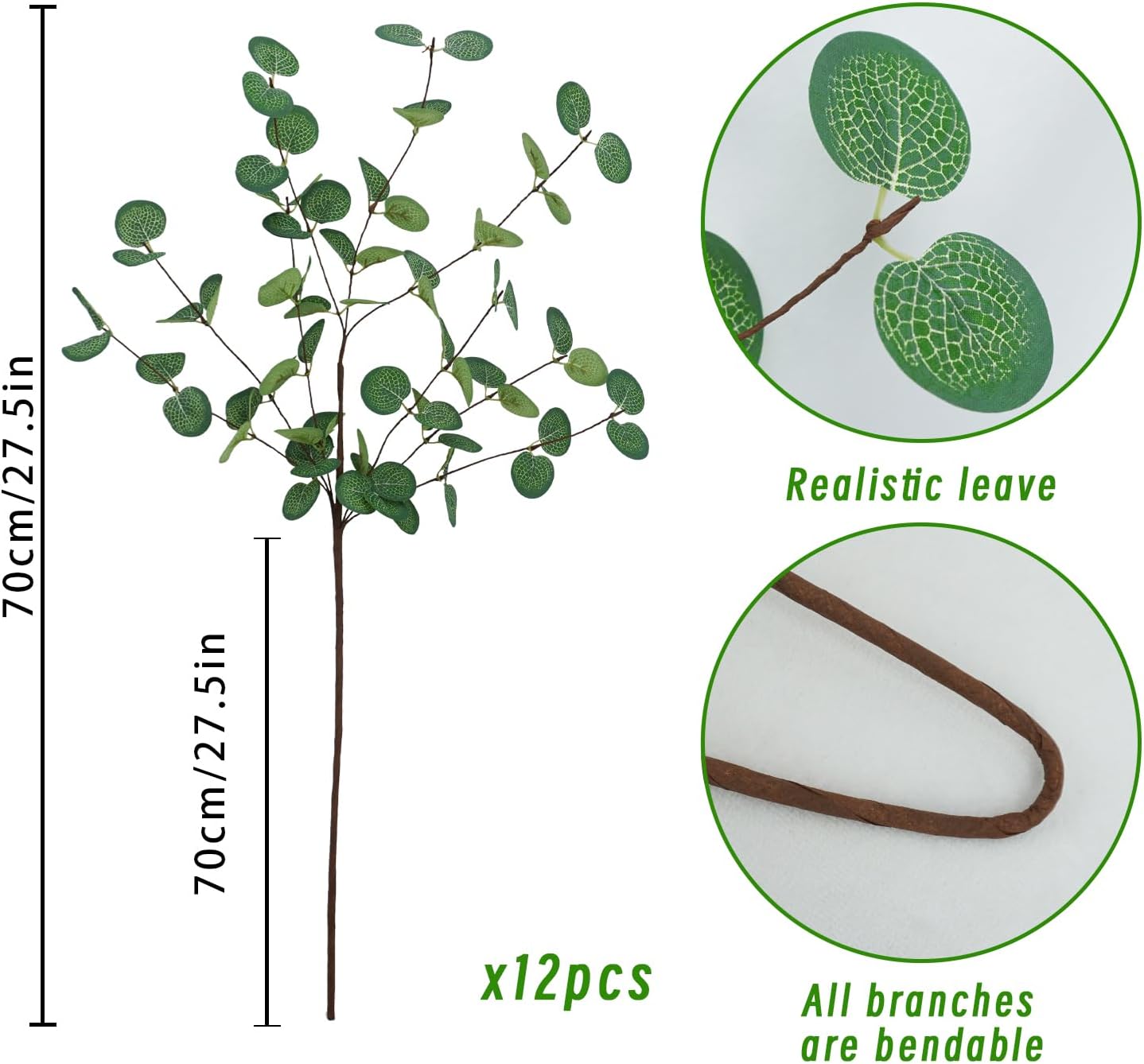 Agusbagli 12 Pcs Artificial Eucalyptus Stems 28'' Tall Faux Eucalyptus Silver Dollar Leaf Branches Greenery Plants Stems Decorations for Vase Home Wedding Centerpieces Floral Arrangements