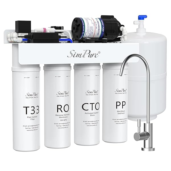 SimPure T1-100 Reverse Osmosis Water Filter, Near 0 TDS Reverse Osmosis System 7 Stage, NSF/ANSI 58 Certified, Under Sink RO Water Filtration System 100 GPD with Tank, Build in Pump, BPA Free