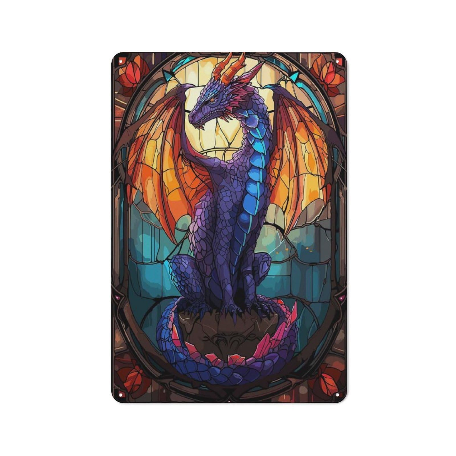 Junmoney Style Dragon Fantasy Stain Glass Decorative Tin Sign 30X20cm, Rustic Rustic Kitchen Decor For Kitchen, Cottage, Porch Or Garden Room