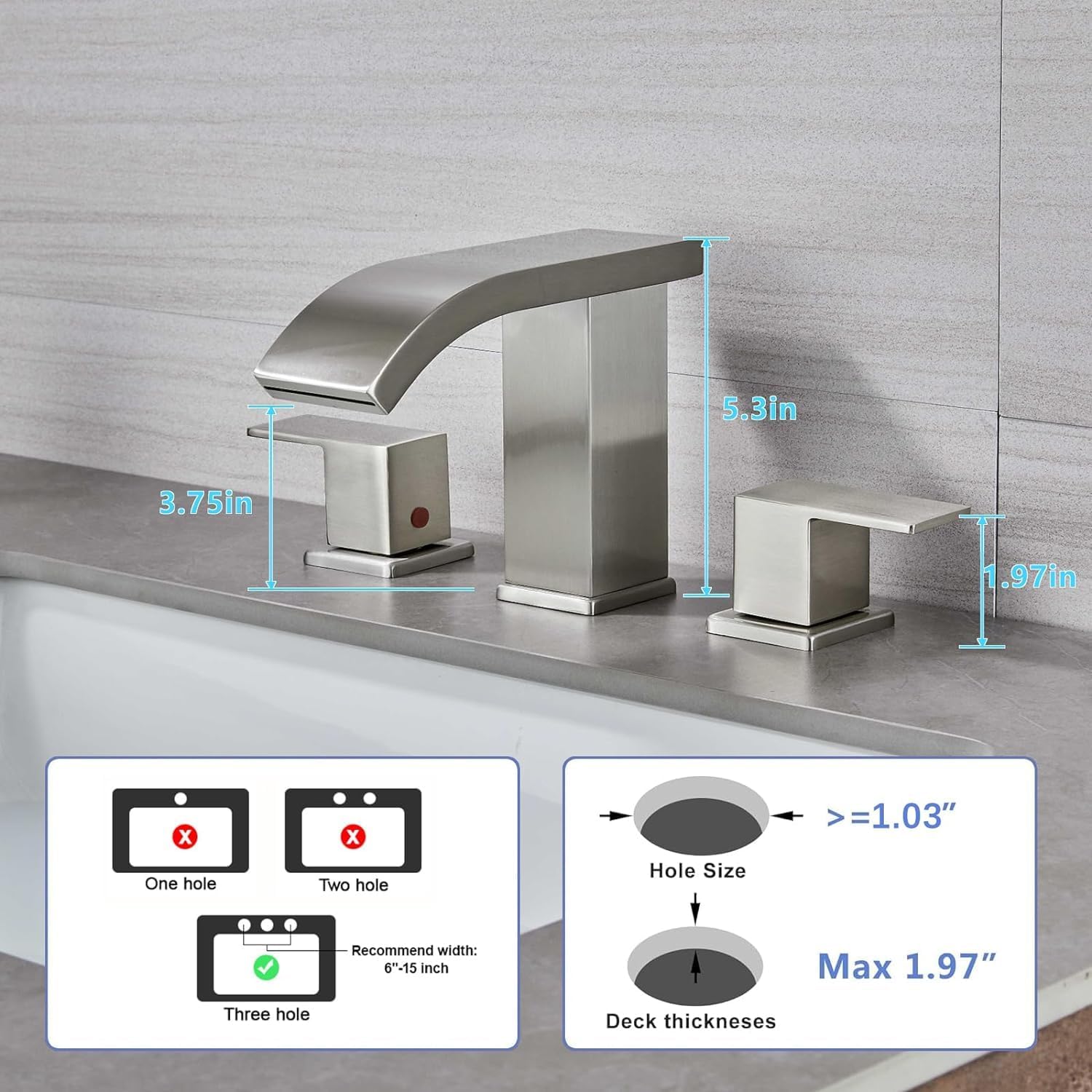 LED Light Widespread Bathroom Faucets for Sink 3 Hole Waterfall -Bathroom Faucet with Pop-up Drain Assembly, 8 Inch Bathroom Sink Faucet 2-Handles,Modern Lavatory Vanity Faucet