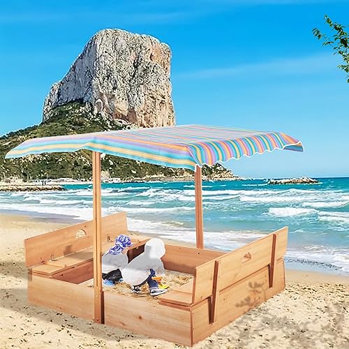 GOLASON Caja de arena de madera con toldo para niños de 3 a 8 años, caja de arena con cubierta retráctil para techo trasero jardín, pozo de arena