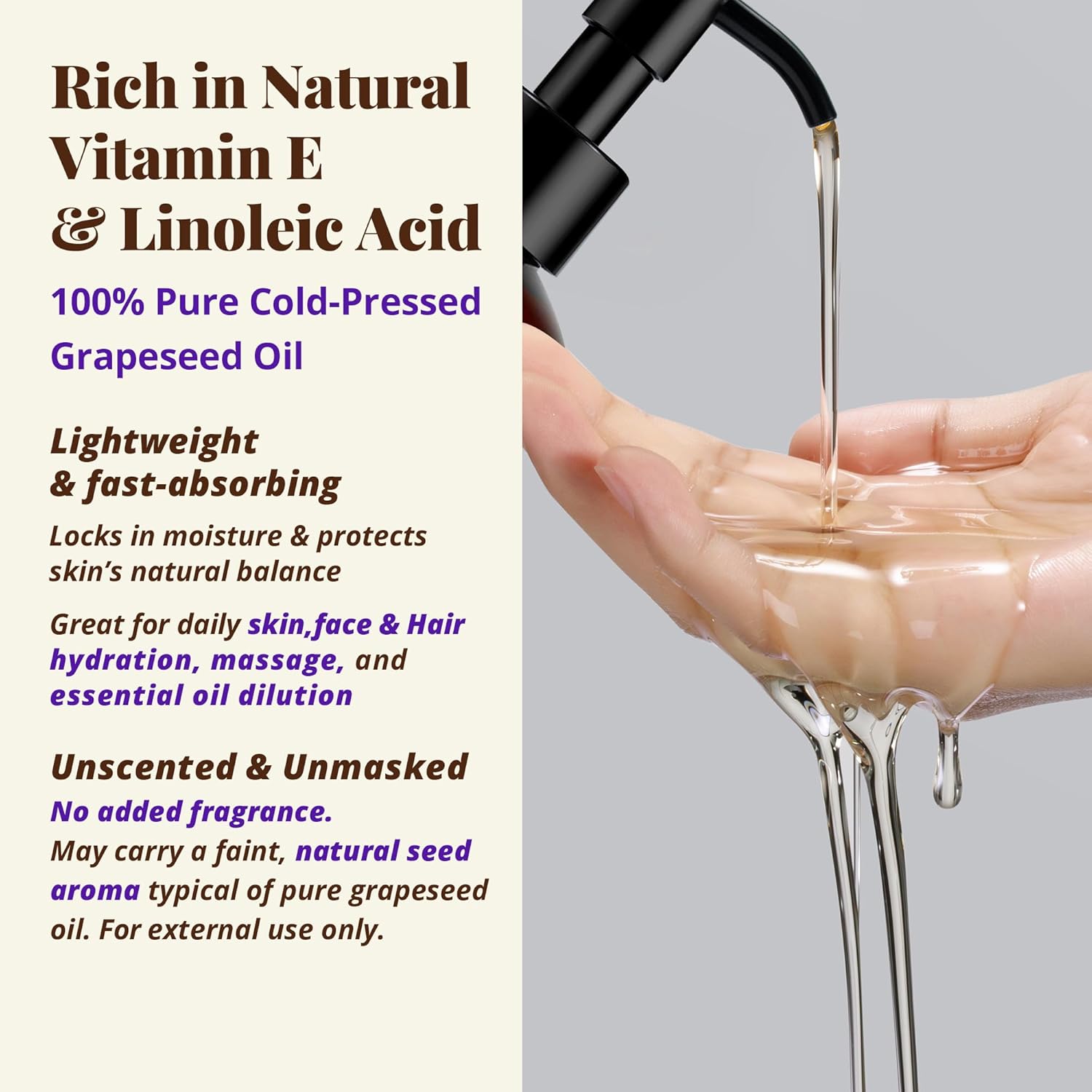 100% Pure Grapeseed Oil – Cold-Pressed, Unscented Lightweight Carrier Oil for Essential Oil Blending, Aromatherapy & Massage, Suitable for Skin, Face & Hair Use, 8 fl oz / 236 ml - Image 2