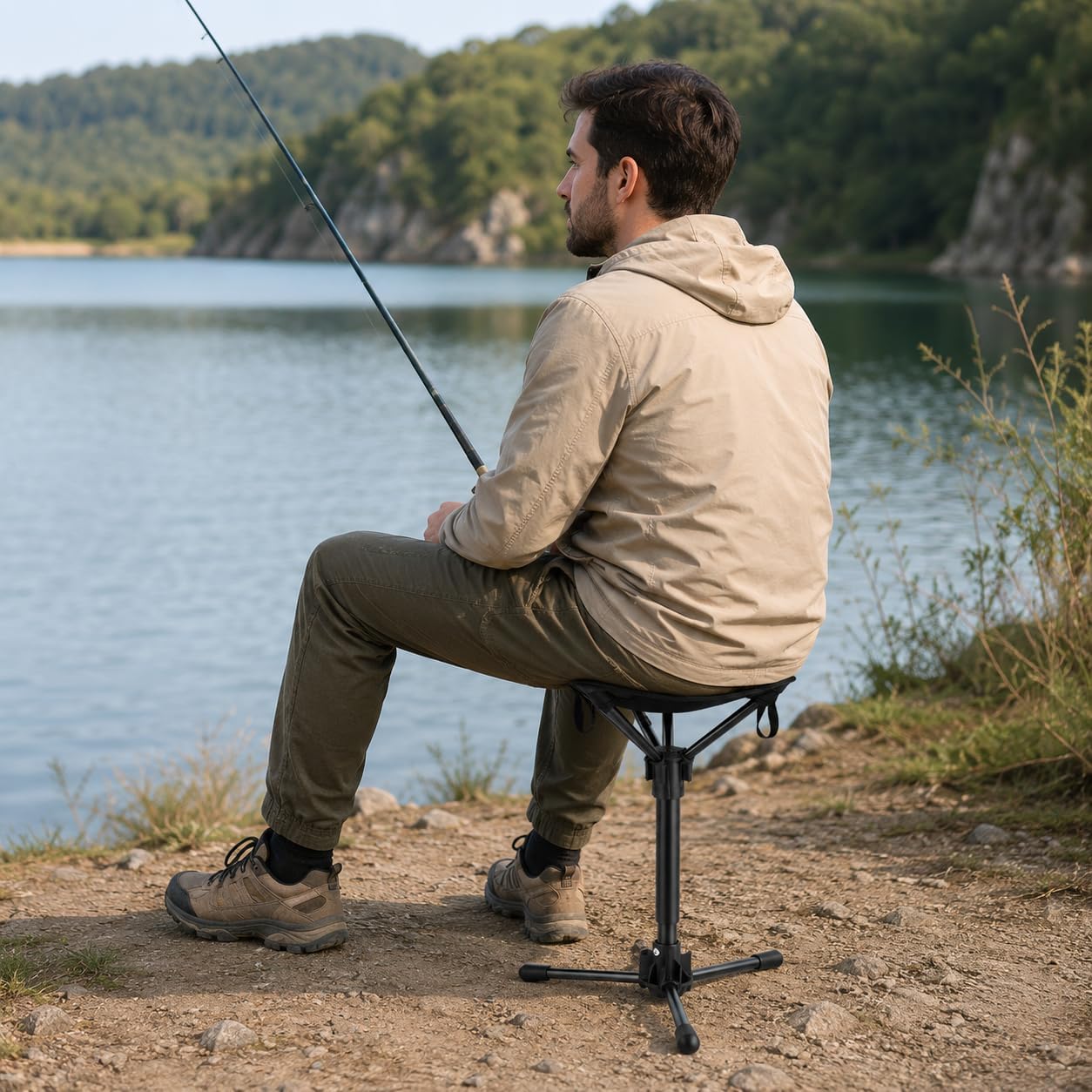 Portable Folding Stool with Adjustable Height, 7075 Aluminum Telescoping Camping Seat, Lightweight Tripod Chair with Carry Bag for Fishing Hiking Travel, 1 Pack, Black image 2