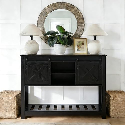 Miniatura 10 de Mesa de entrada de granja con puertas corredizas de granero, mesa consola de madera con estante de almacenamiento, mesa de sofá rústica para sala de