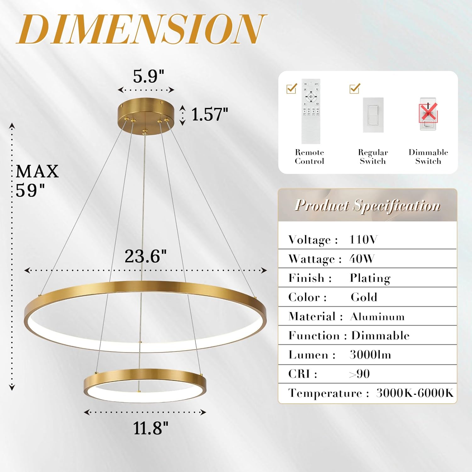 Gold LED Ring Chandeliers Modern 2-Ring Chandelier Dimmable Flush Mount Pendant Light Fixture Remote Control Contemporary Pendant Chandelier for Dining Room Bedroom Foyer (23.6"+11.8")