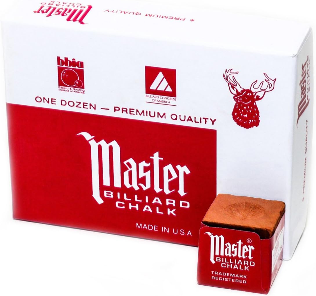 Master Billiard Pool Chalk, Pack of 12 Cubes, Rust, with Protective Box - Professional Billiards Chalk for Smooth, Even Coating on Cue Tip - Pool Table Accessories Gifts for Men (18-331)