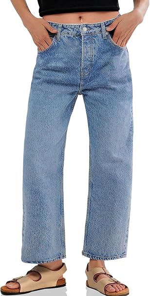 Cicy Bell Womens Baggy Horseshoe Jeans Boyfriend Wide Leg Vintage Mid Rise Cropped Denim Pants