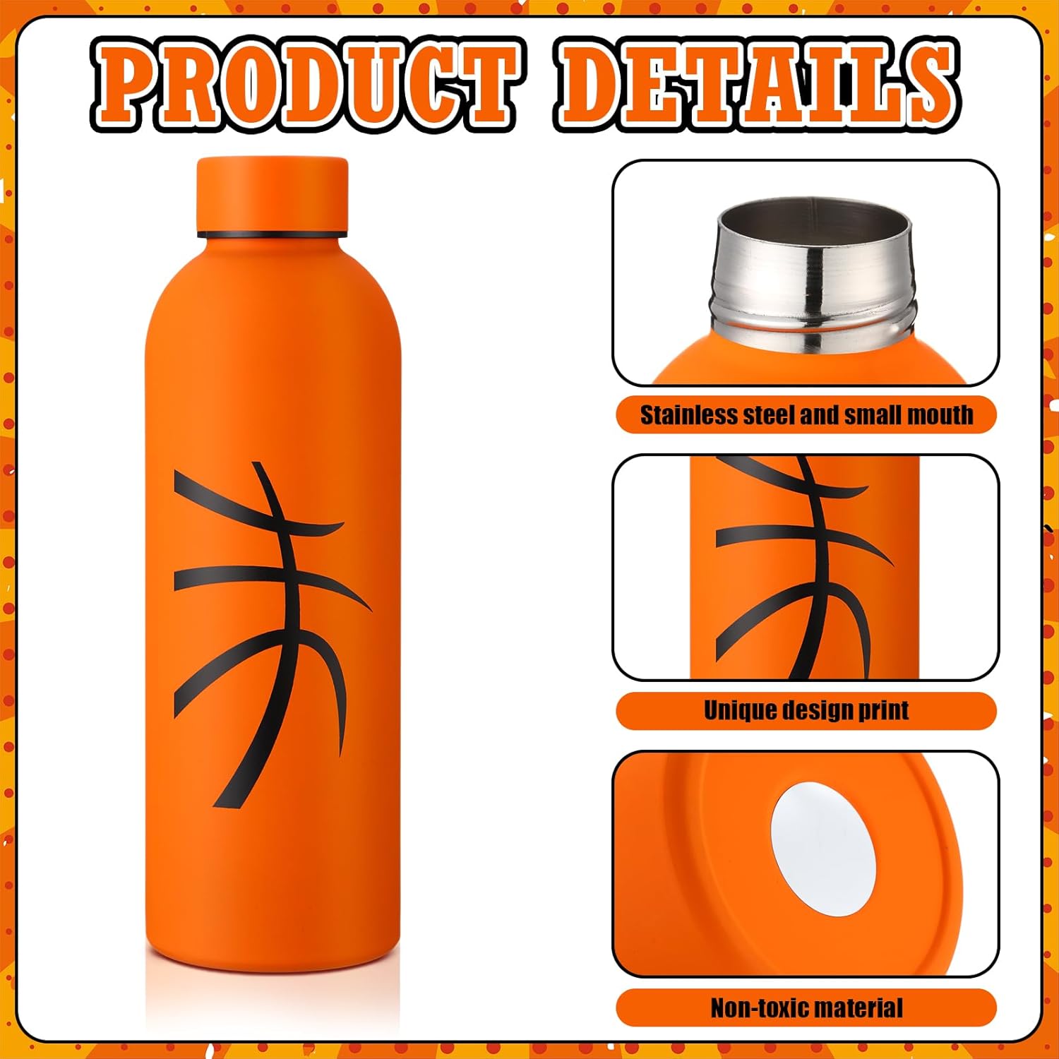 6 Pcs Basketball Water Bottles Bulk 17 oz Basketball Party Favors Decorations Stainless Steel Sports Tumblers with Bow Vacuum Insulated Reusable Leakproof Bottles for Birthday Team Gifts
