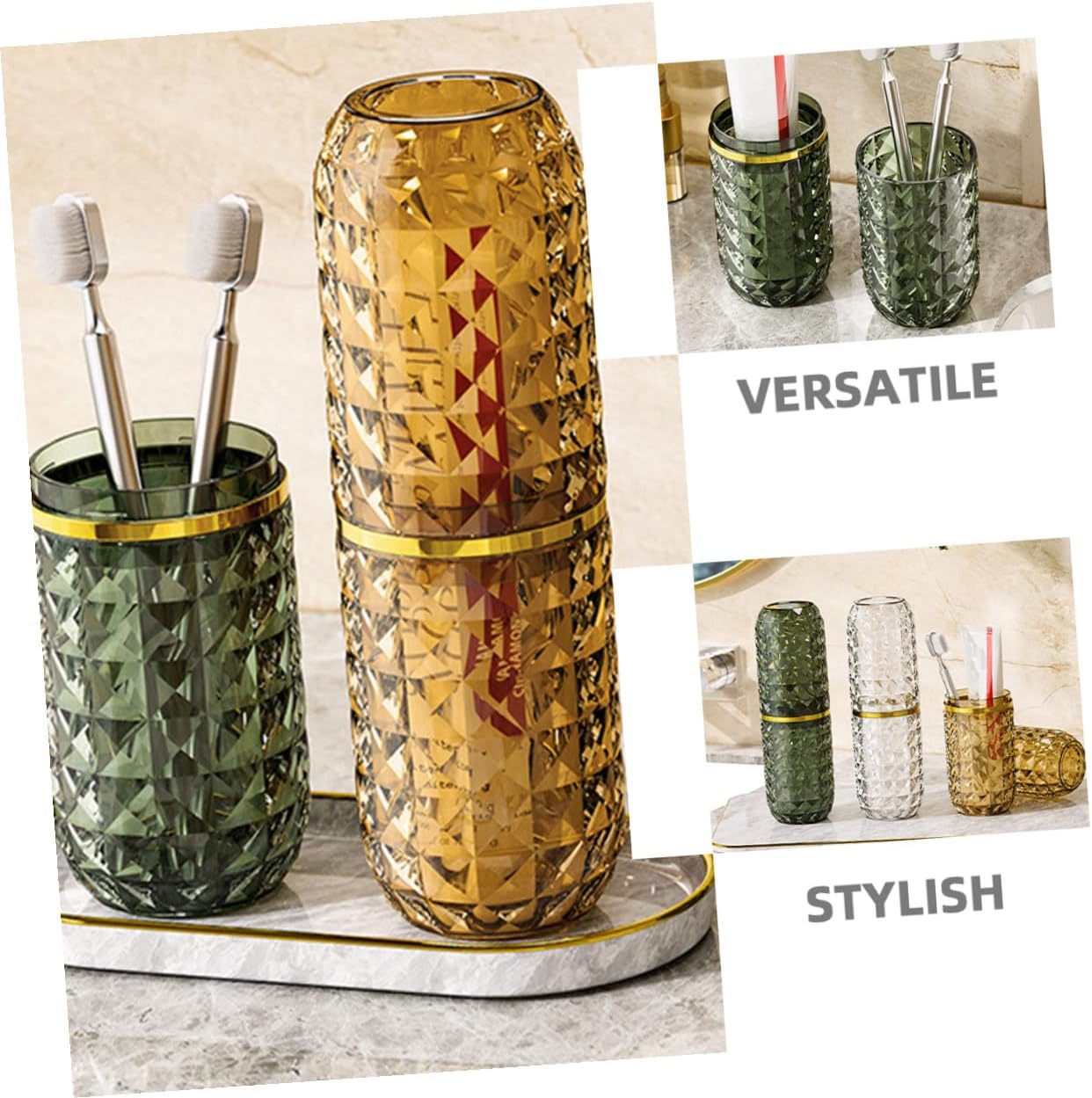 VALICLUD 3pcs Portable Travel Toothbrush Holder Set with Bathroom Tumbler, Amber and Dark Green Plastic Toothbrush and Toothpaste Organizer Cups for Travel and Home Use