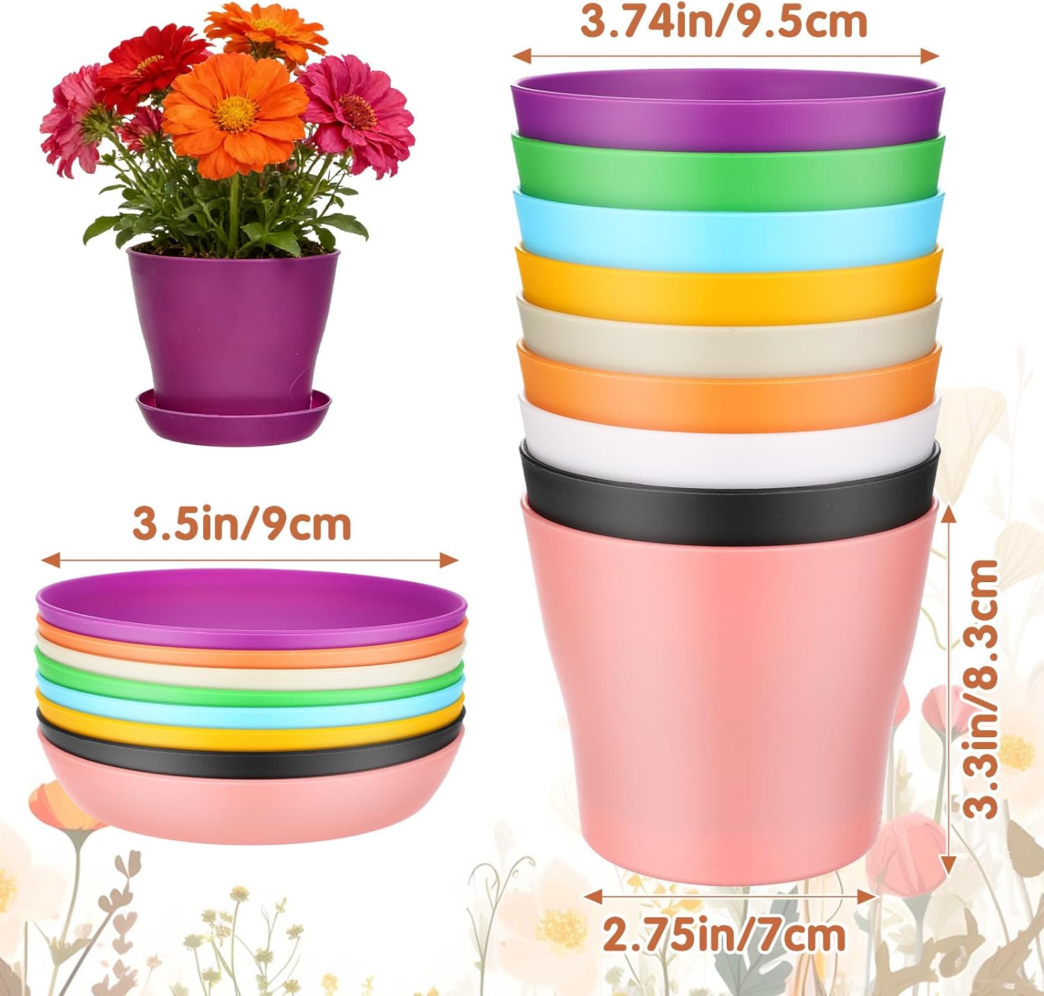 50 Pack Multicolor Plastic Plant Pots with Drainage Holes and Saucers, 4 Inch Small Planter Pots for Plants, Succulents, Seed Starting, Indoor and Outdoor Gardening