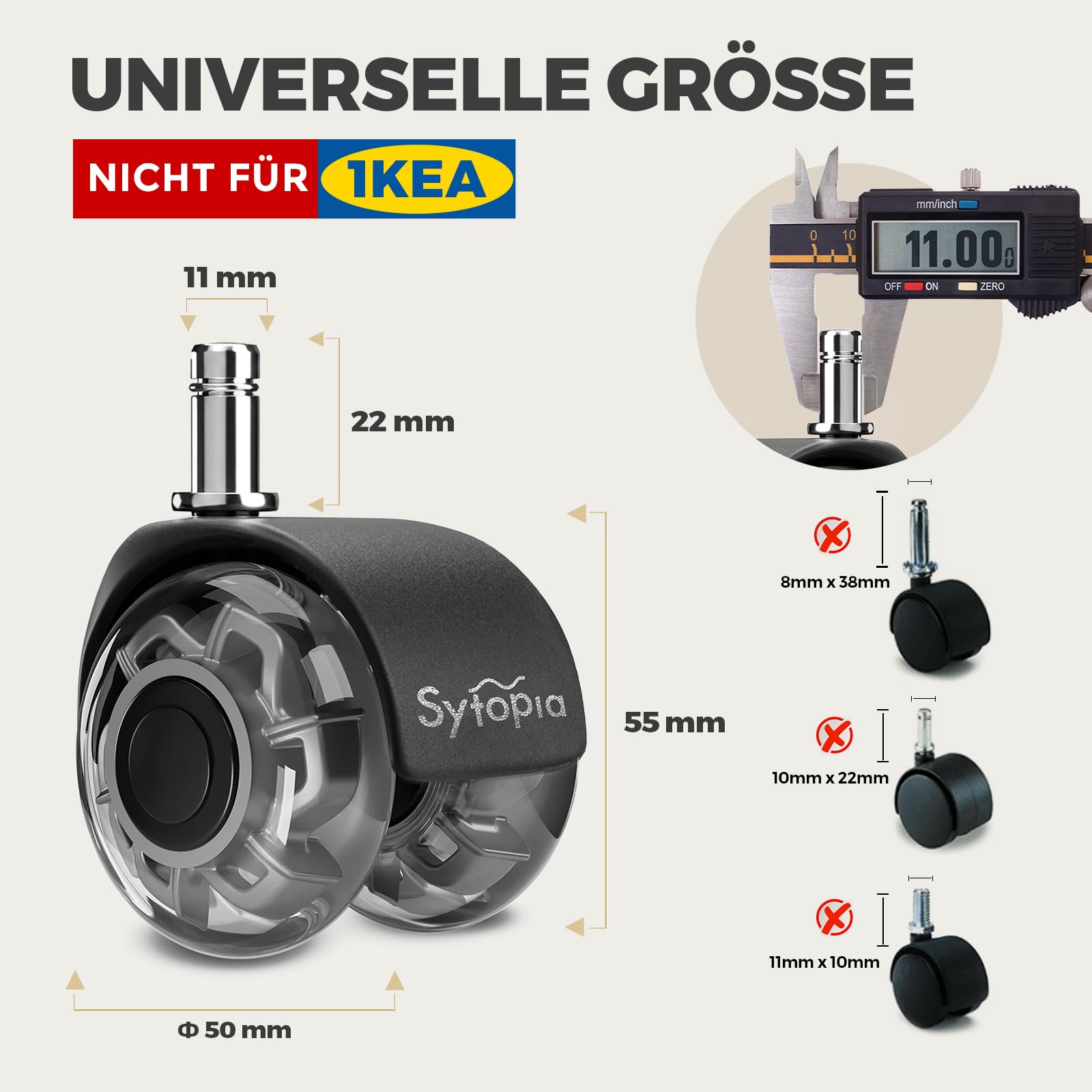 Set di 5 ruote per sedie da ufficio, 11 x 22 mm, ruote per sedie da ufficio, ruote di protezione del pavimento, ruote morbide e silenziose (non per 1KEA 10 mm), grigio