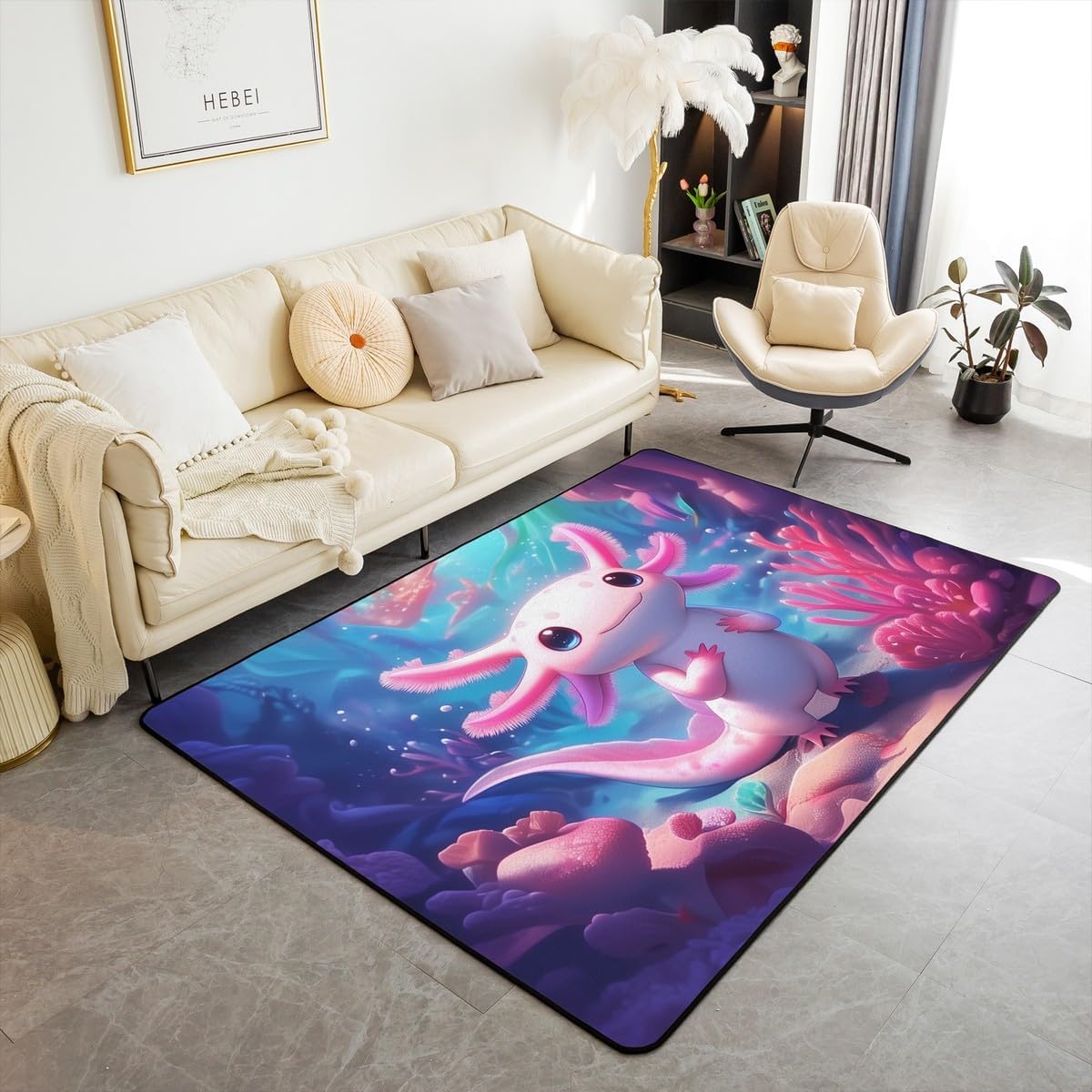 Erosebridal Purple Axolotl 3 X 5 Area Rug,Cartoon 3D Animal Living Room Rugs,Galaxy Space Planet Decorative Carpet Dreamy Glitter Starry Sky Indoor Floor Mat