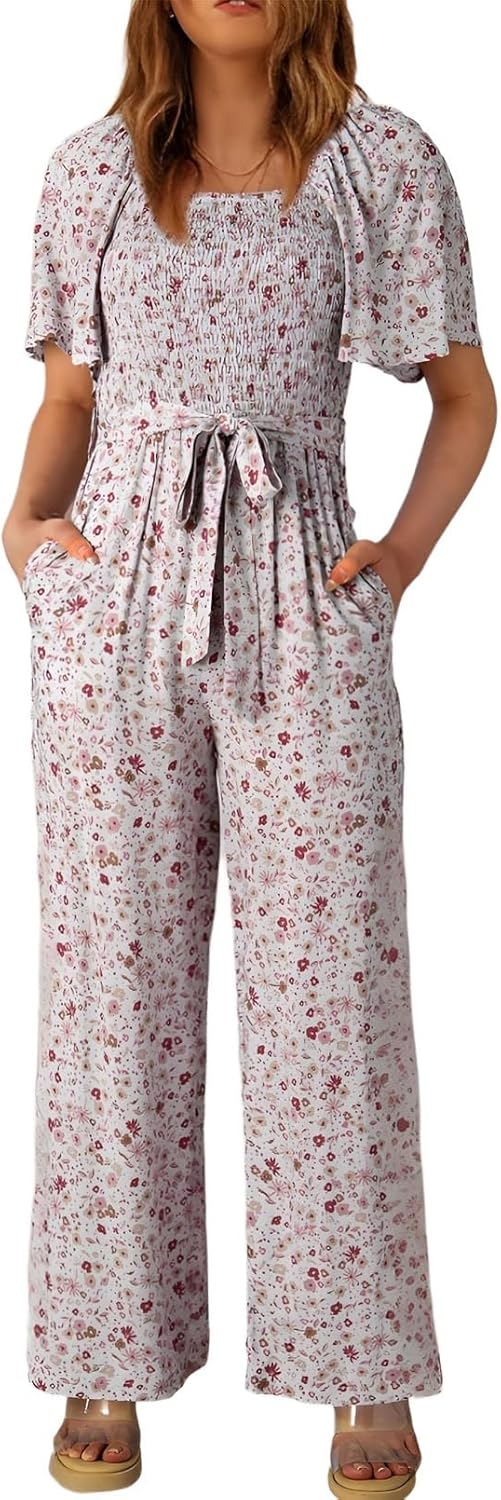 Happy Sailed Womens Summer Jumpsuits Floral Printed Short Sleeve High Waisted Pockets Wide Leg Rompers Beach Vacation Outfits