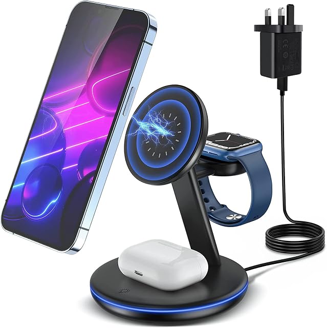 Magnetic Wireless Charger, 3 in 1 Wireless Charging Station for Apple Series, 18W Fast Mag-Safe Charger Stand with QC3.0 Adapter for iPhone 14,13,12 Pro Max/Pro/Mini/Plus, Ultra/8/7/6/5/4/3/2,AirPods