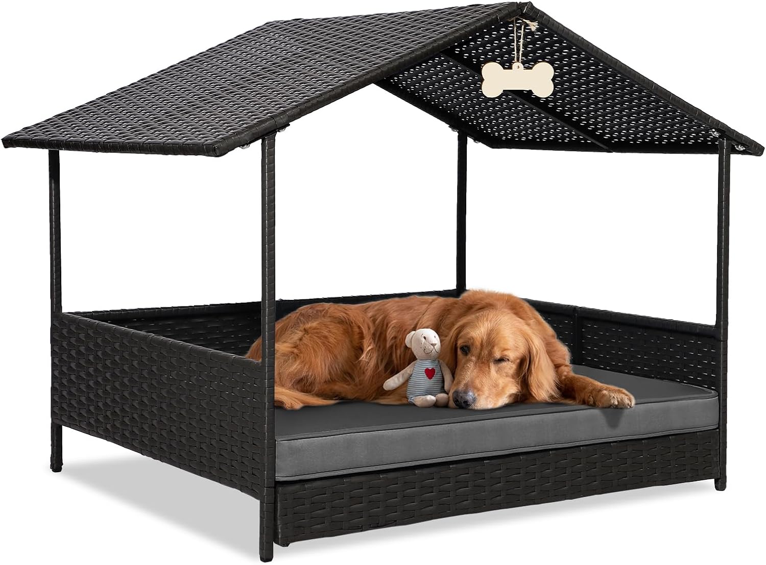 Grepatio Wicker Dog House, Outdoor/Indoor Raised Rattan