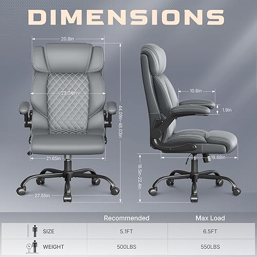 Miniatura 2 de Silla de oficina, ergonómica grande y alta, silla de escritorio ejecutiva, silla de cuero transpirable con reposabrazos abatibles ajustables, silla