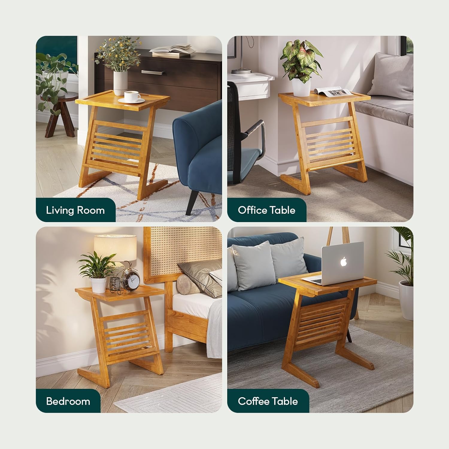 Bme Neil Nightstand Mid Century Modern Side Table, Rubberwood Nightstand with Z Shaped Frame and L Storage Bars Stylish, End Table for Bedroom, Living Room or Office - Teak Brown