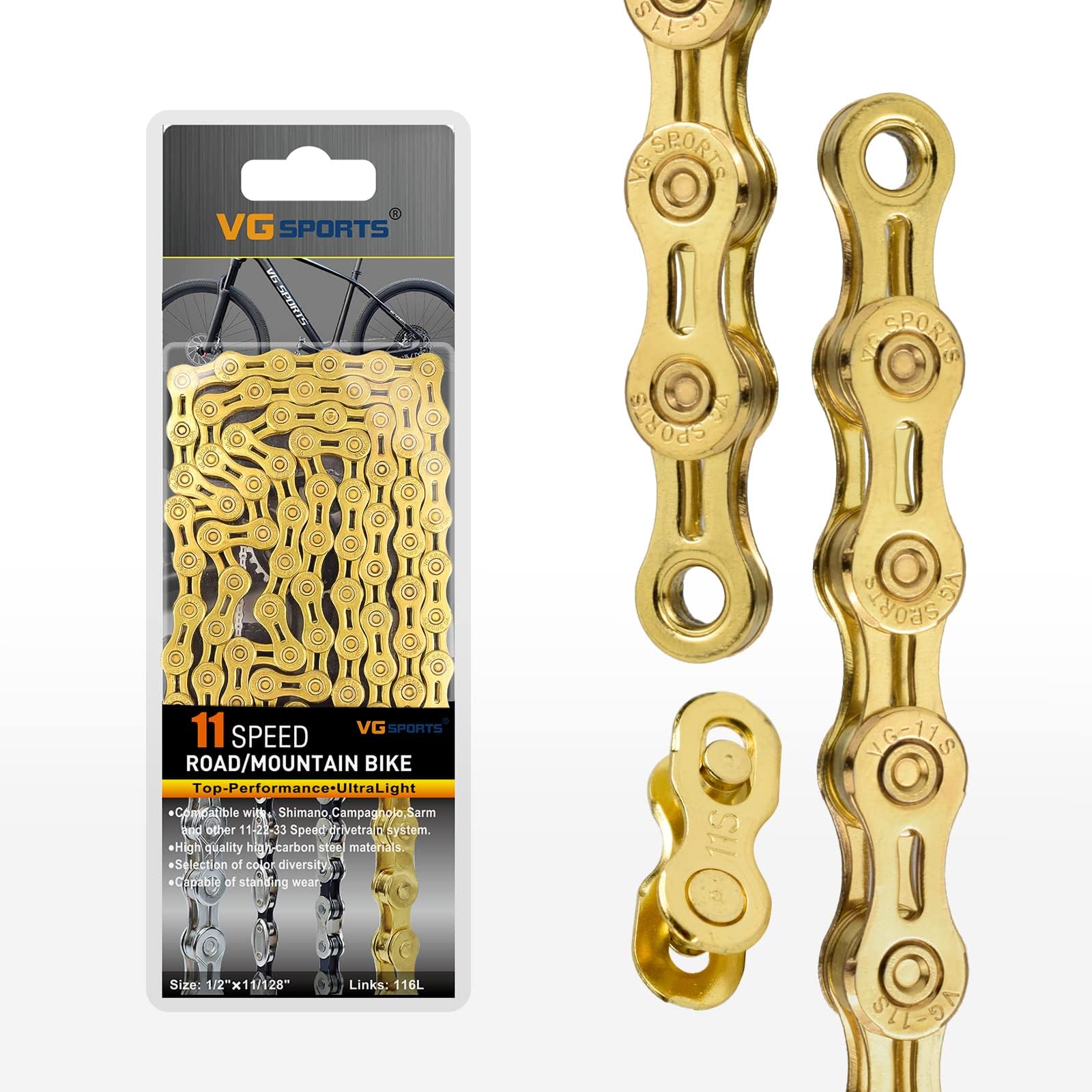 VG SPORTS 6/7/8/9/10/11 Speed Bike Chains,Half Hollow/Full Hollow Lightweight Bicycle Chains for Road Bike/MTB/BMX,Silver/Gold/Titanium/Rainbow 116 Links with Missing Link