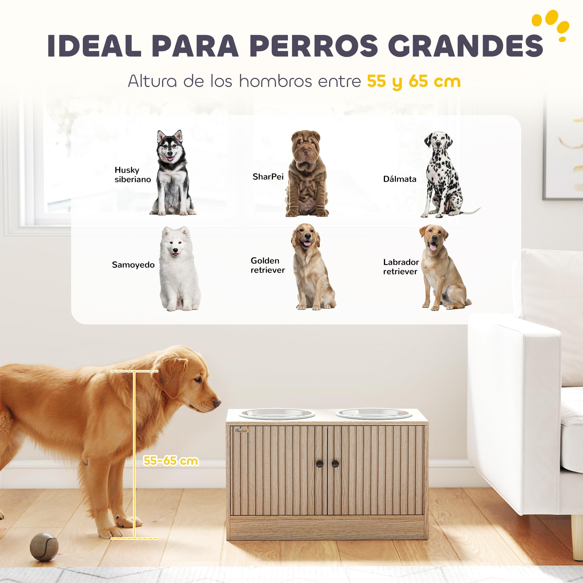 PawHut Comedero Perro Elevado con 2 Cuencos de Acero Inoxidable 2x2000 ml Comedero Lento para Perros Grandes con 2 Puertas, Almacenamiento Oculto, Anillos Antideslizantes, Cuencos Elevados, Roble
