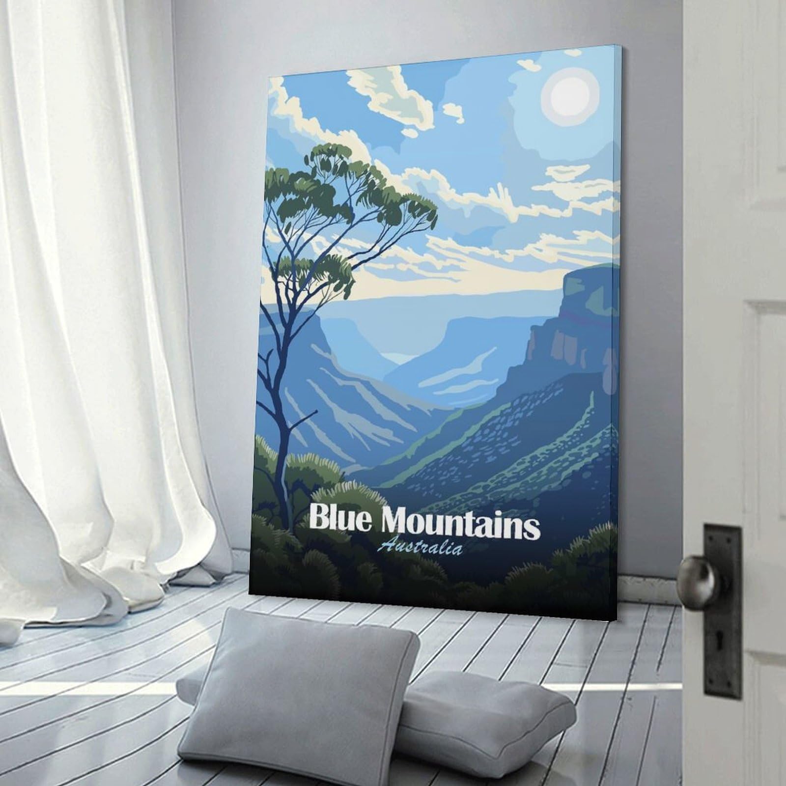 Junmoney Blue Mountains Australia Landscape Illustration Hanging Wall Art 24x36inch(60x90cm), for Front Hall, Corridor Or Welcome Spaces, Wall Decor to Refresh Empty Corners