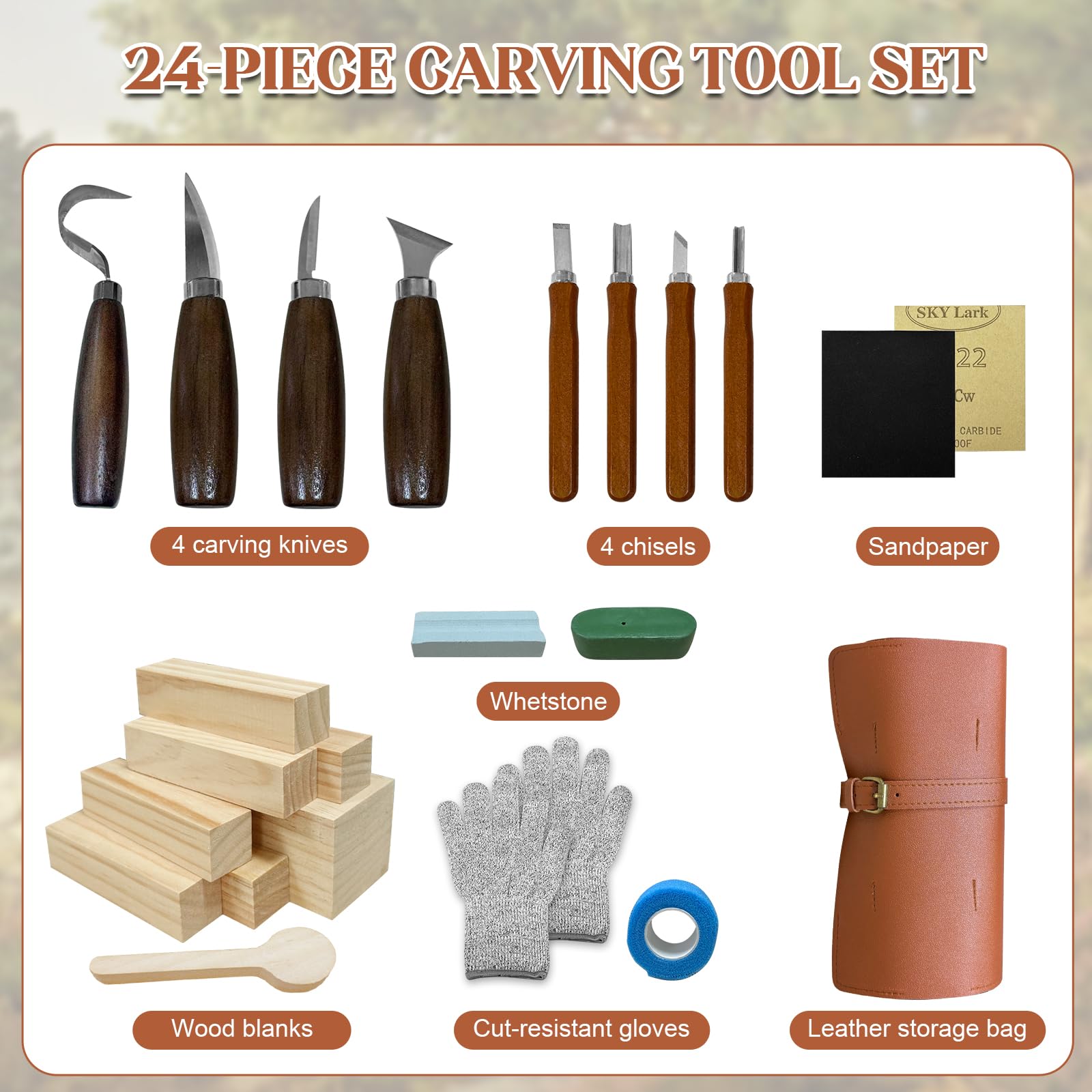 Set de Tallado de Madera, Gubias para Tallar Madera de 24 Piezas para Profesionales/Principiantes, Juego Práctico de Gubias con Bolsa de Cuero de Terciopelo con Piedra de Afilar Incluida