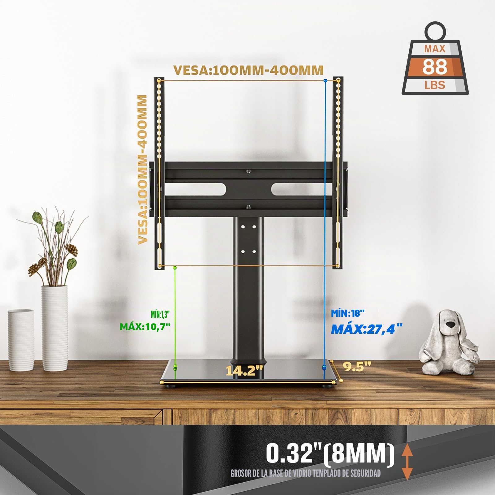 Hemudu Soporte TV Pie Universal, Soporte TV Mesa para Televisores LCD LED de 27 a 60 Pulgadas, Base Mesa TV de Altura Ajustable de 9 Niveles, Soporte Giratorio TV 70º, MAX Vesa 400x400mm, MAX 40kg