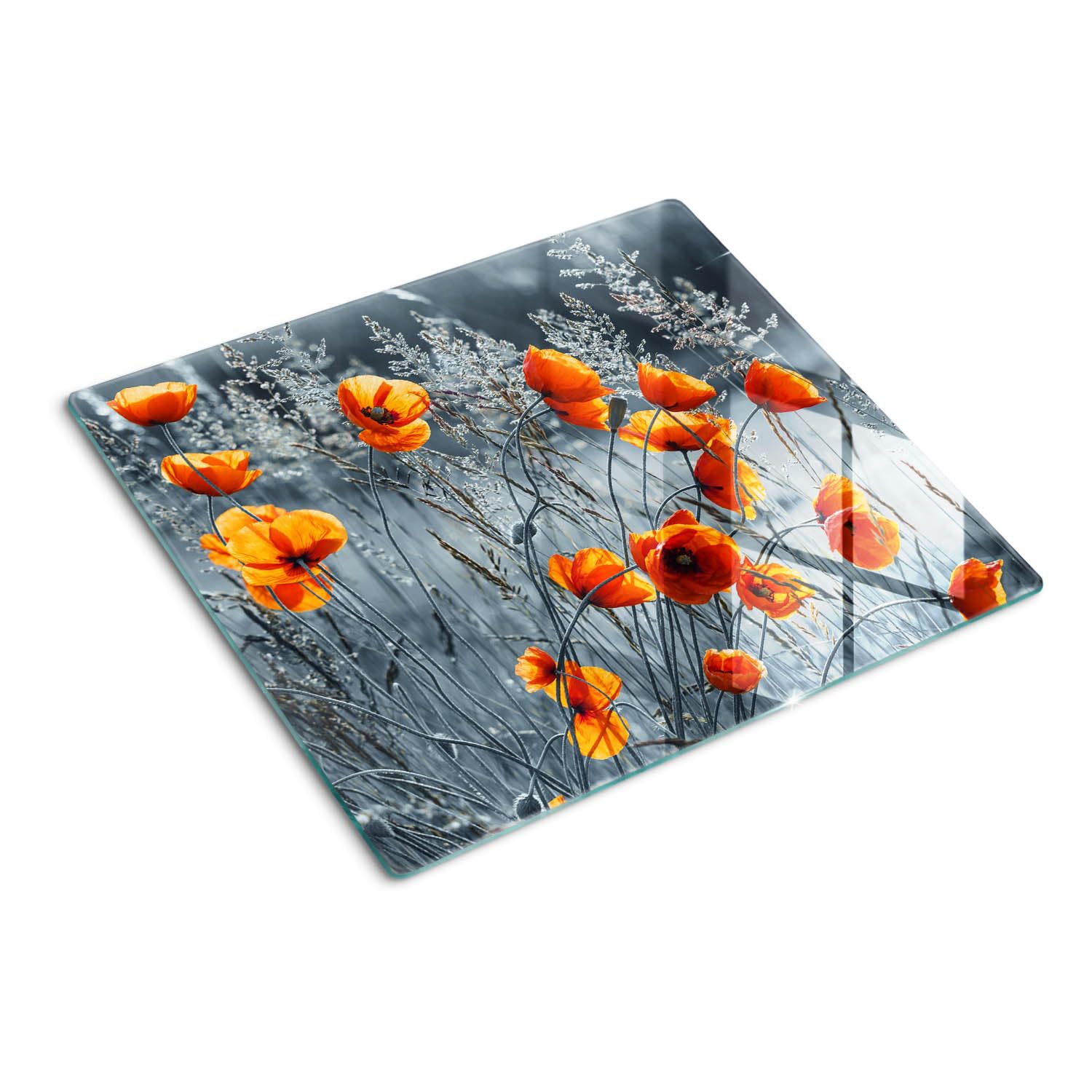 Glasschneidebrett 60x52 cm Dünn Glasplatte Dekorativ Gehärtetes Glas für die Küche Plastikfrei Antibakteriell Lebensmittelecht Rutschfest Silikonfüße Hitzebeständig - Mohnfeld