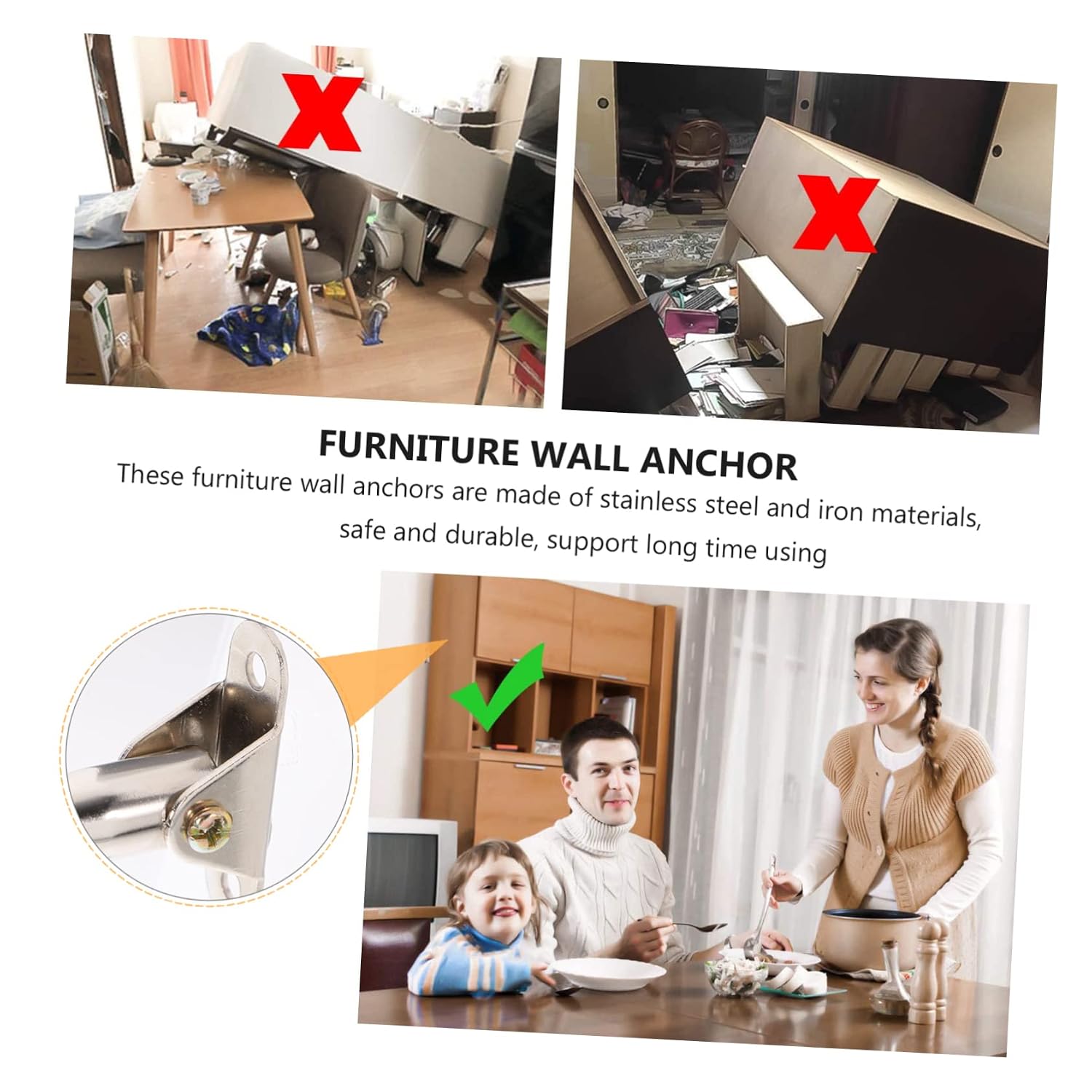 BESTonZON Adjustable Anti-Tip Furniture Anchors Set for Baby Proofing 2 Packs Metal Straps for Bookcase and Dresser Safety Earthquake-Proof Wall Anchors