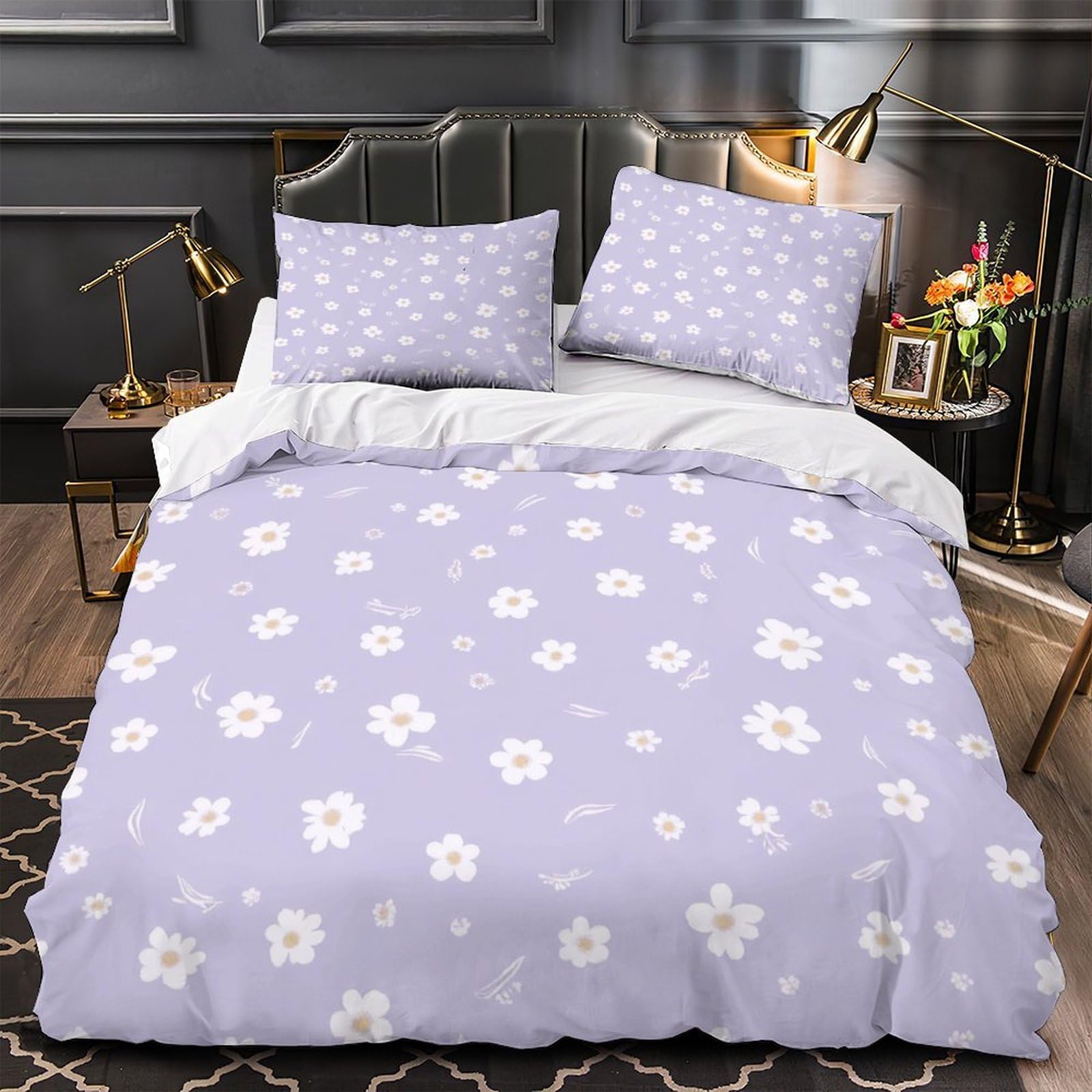 Parure de lit anti-allergie microfibre douce lit double marguerite