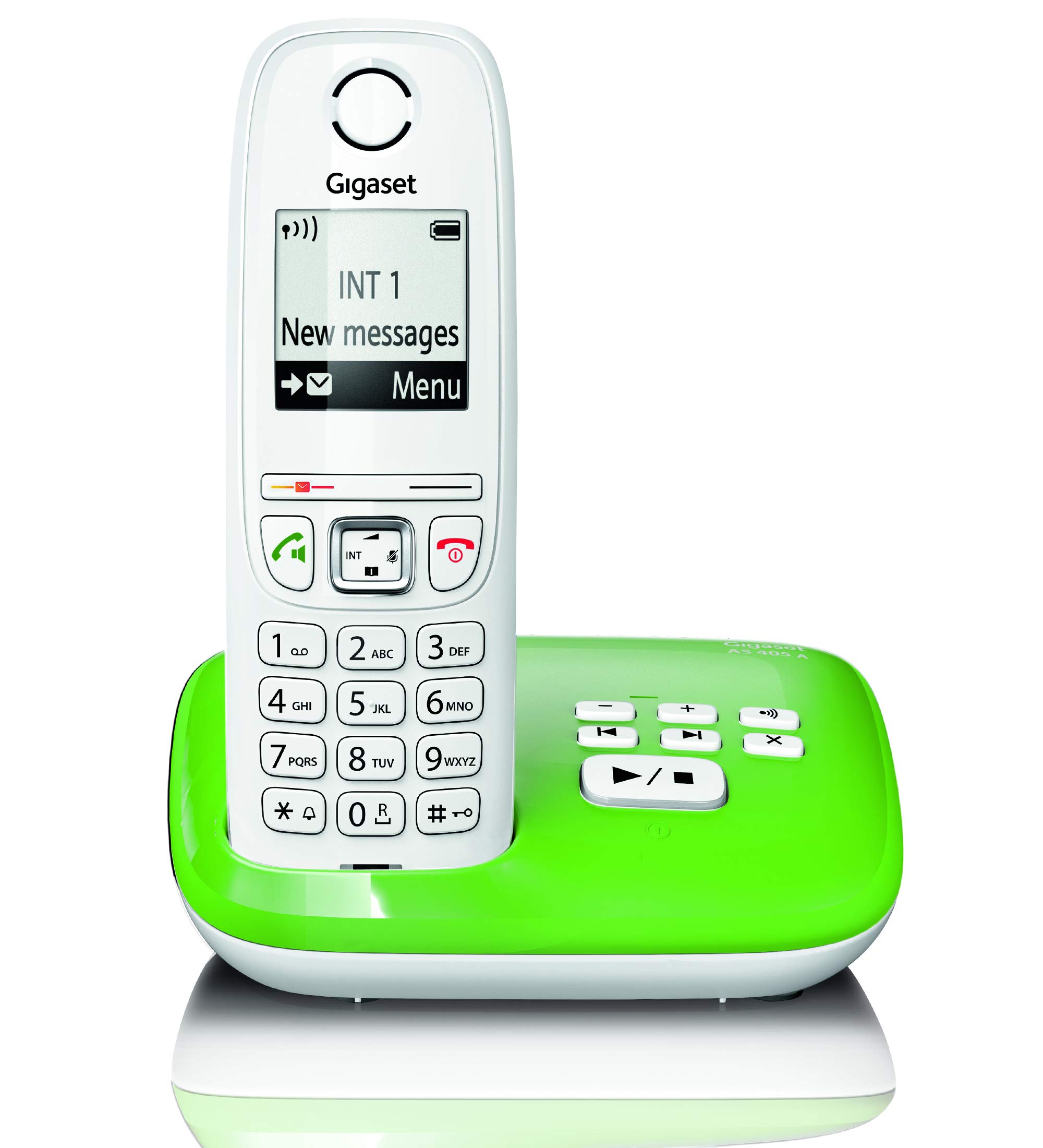 AS405A Festnetz-/Schnurlostelefon Anrufbeantworter (DECT-Telefon, Freisprechfunktion, großes Display, große Tasten) grün