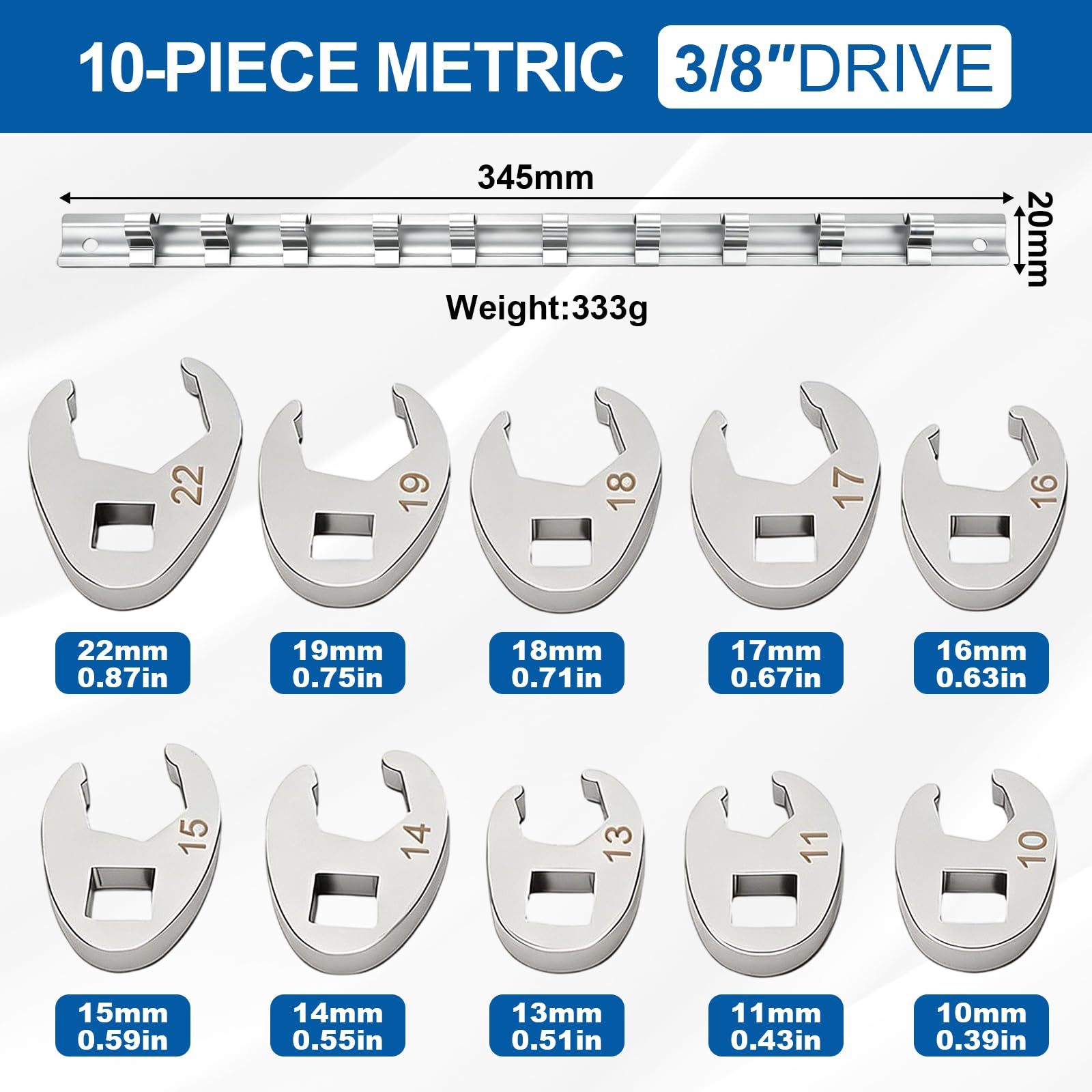 10 piezas métricas, llaves de vaso de par de torsión de pie de gallo, tamaños métricos de 10 – 22 mm, juego de llaves con accionamiento de 3/8 pulgadas, organizador de clip