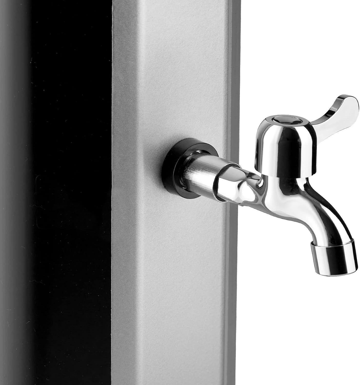 Close-up of the chrome foot tap located at the lower part of the solar shower column.