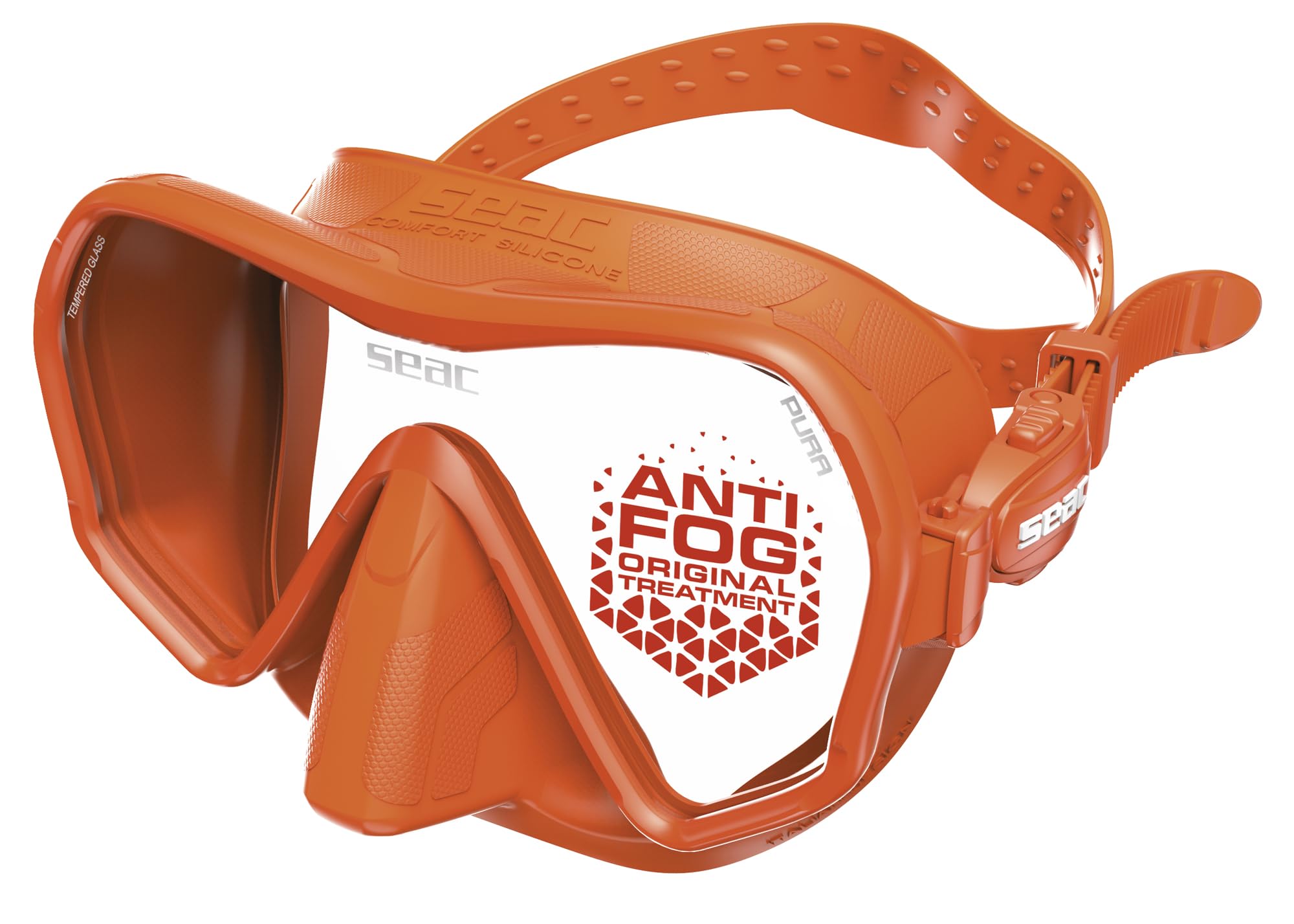 SEAC Pura – Frameless Single-Lens Silicone Diving Mask | Antifog Low Volume Mask for Diving and Snorkeling with 3D Buckle, Orange