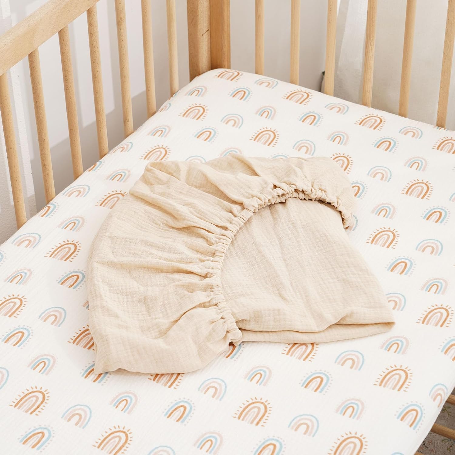 Muslin Crib Sheets–100% Organic Cotton Baby Sheets for Boys & Girls,2 Pack Muslin Mini Crib Sheets for Toddler Mattress,Breathable Crib Mattress Sheets 28''x52''(Rainbow)
