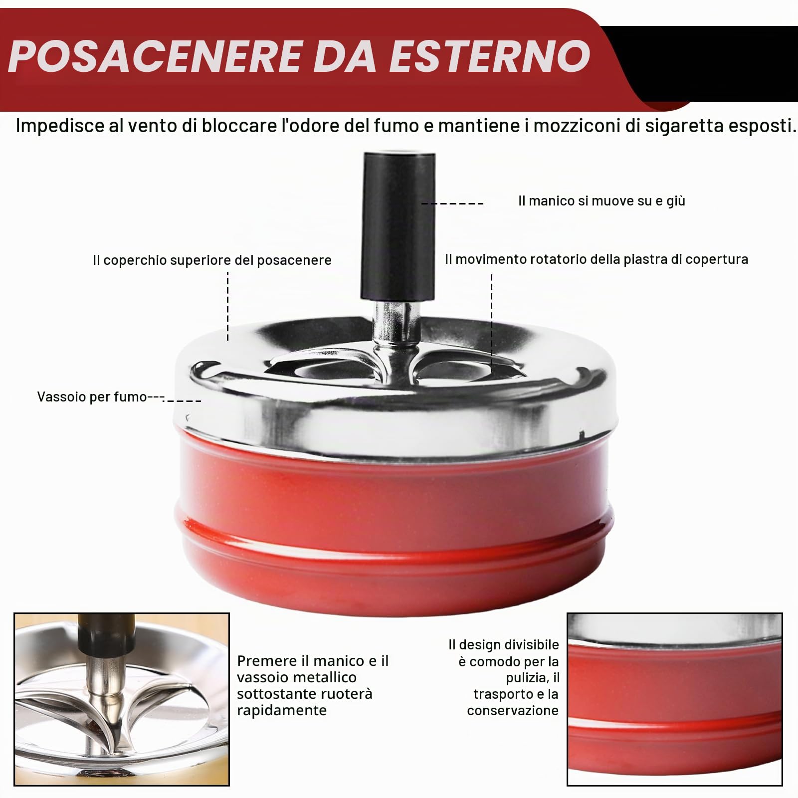 4 pezzi posacenere coperchio girevole per esterni, in acciaio inox, per casa, ufficio, balcone, feste, all'aperto (nero, rosso)