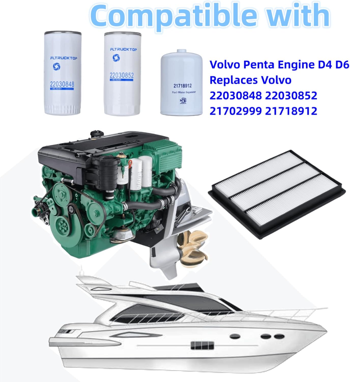 22030848 22030852 21702999 21718912 Maintenance Service Filter Kit Compatible with Volvo Penta Engine D4 D6 Replaces Volvo 22030848 22030852 21702999 21718912
