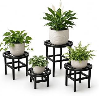 Metal Heavy Duty Plant Stand Indoor Outdoor,4-Pack(φ9+11"+11"+13") Plant Stands Riser,Wrought Iron Pedestal Holder for Large Pots,Outside Rust-Proof Black Flower Display Shelf for Patio