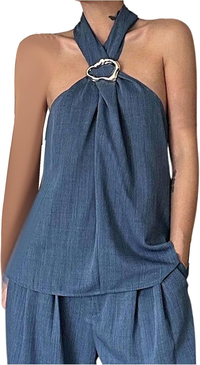 SweatyRocks Women's 2 Piece Outfits Halter Tank Top Blouse and Wide Leg Pants Matching Sets - Image 5