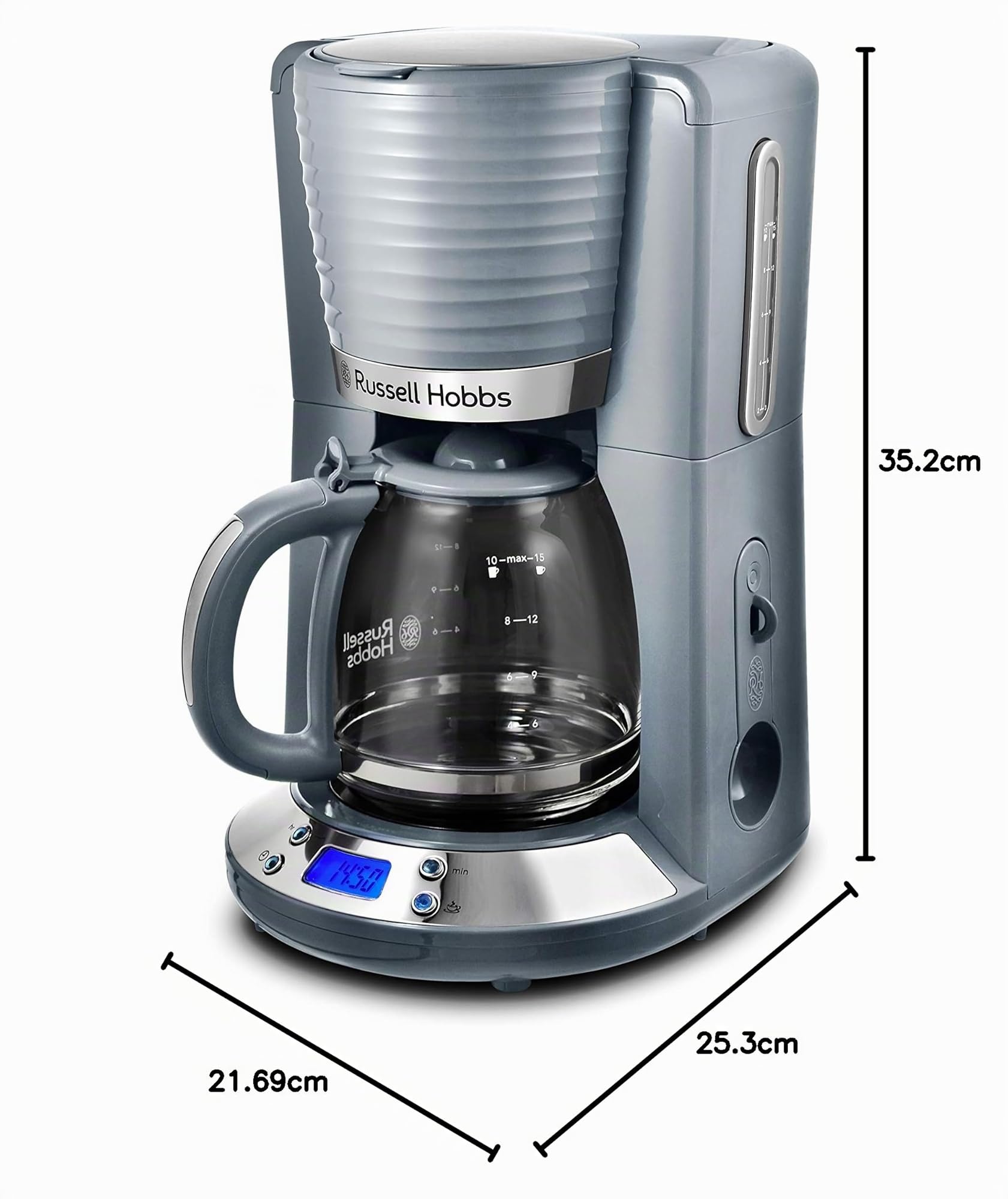 Russell Hobbs Macchina Caffè Americano Inspire Programmabile 1100 W, Timer 24h, Display LCD, Filtro Lavabile, Caraffa in Vetro 1,25 L 12 Tazze, Design Cromato Grigio – 24393-56