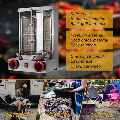 Miniatura 6 de Li Bai Shawarma Machine Doner Kebab Grill 110v Gyro Rotisserie Gas propano Vertical Broiler con 2 quemadores Cuerpo de acero inoxidable para