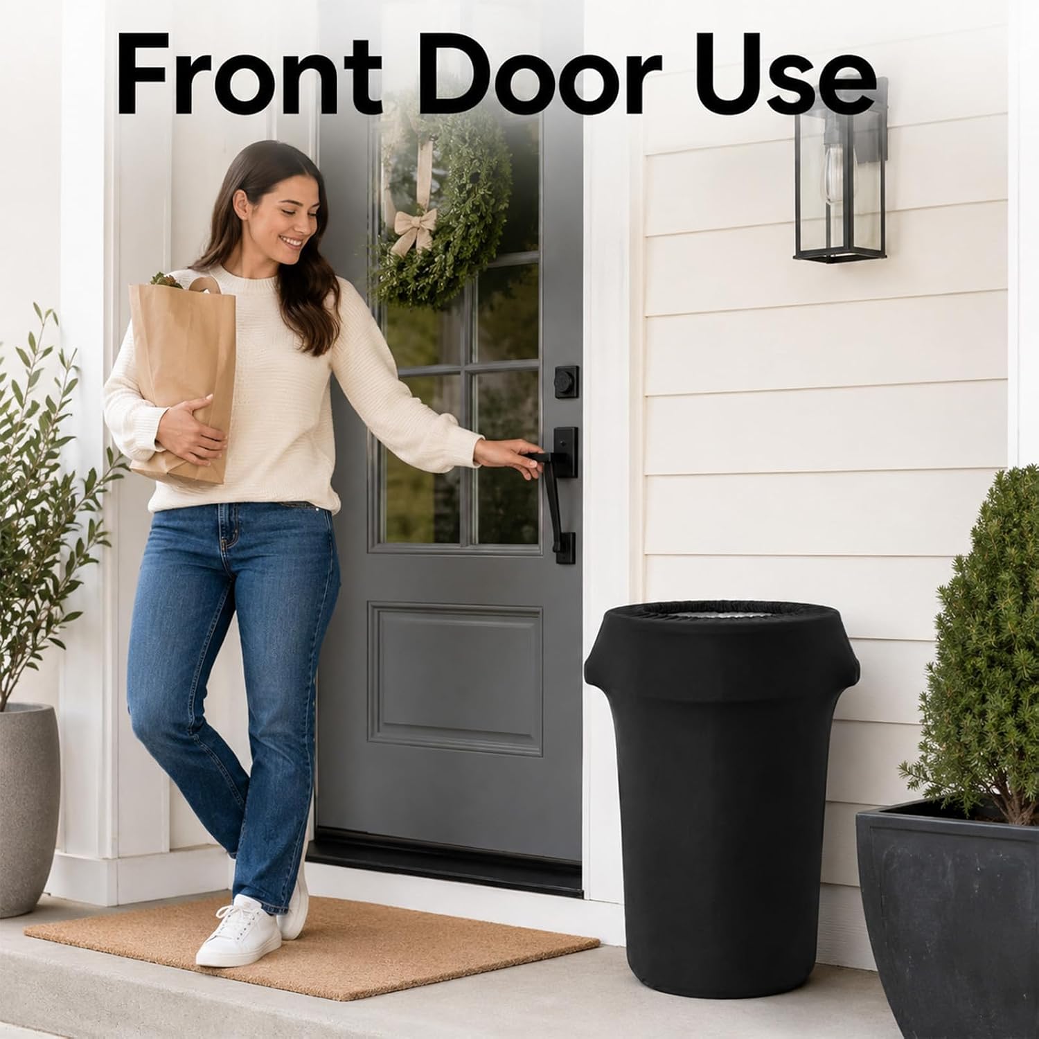 4 Pcs 32 Gallon Stretch Trash Can Cover, Garbage Can Spandex Cover | Outdoor Round Spandex Trash Bin Cover for Home Kitchen, Wedding Party, Events, Garden (Not Include Garbage Can) (Black)
