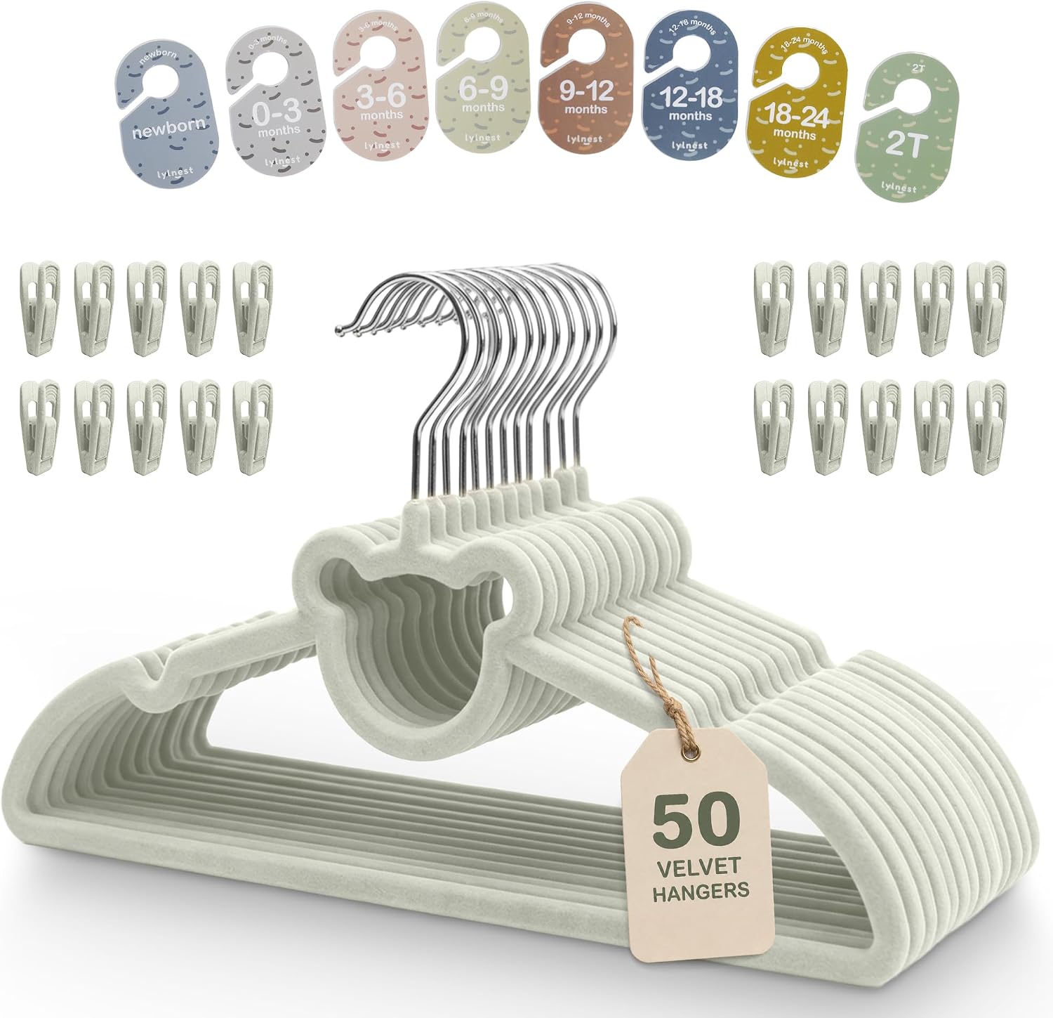 Velvet Baby Hangers with Clips & Size Dividers, 50 Pack