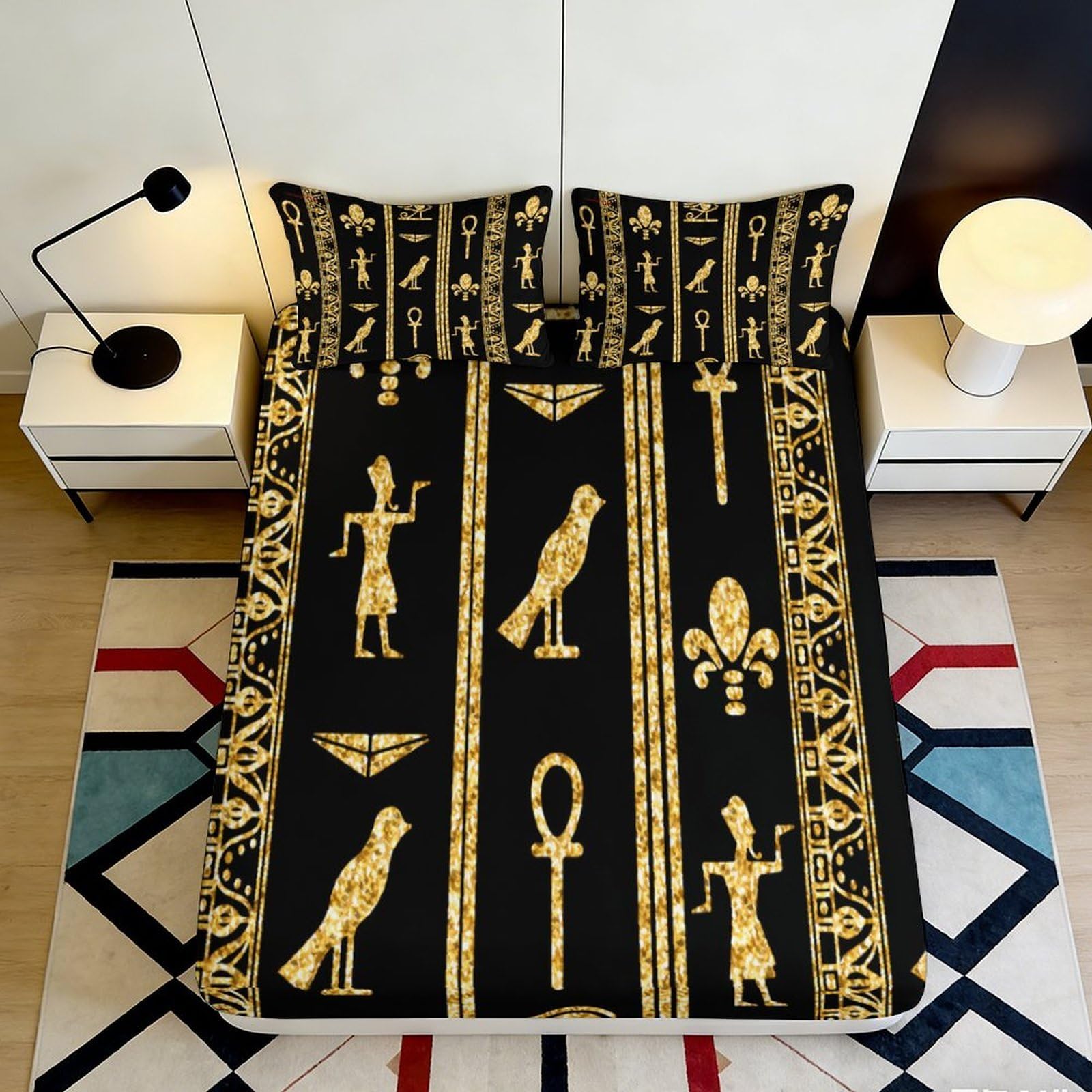 3D Printed Egyptian Hieroglyphs Fitted Sheet Microfiber Soft Black Gold Ancient Symbols Mattress Cover for Bedroom Home Decor 180x200x25cm