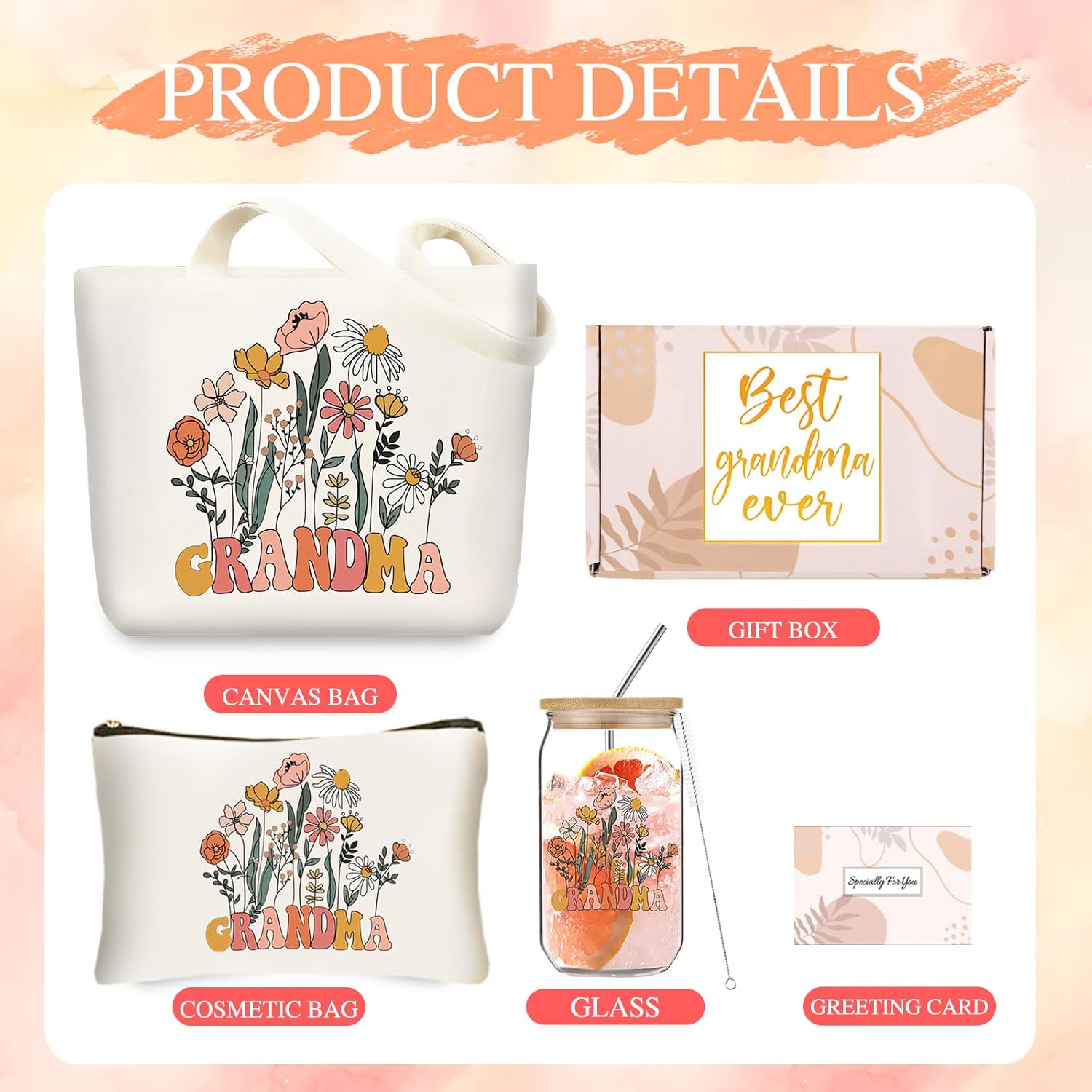 DHQH Grandma Birthday Gifts for Women, Best Grandma Christmas Gifts form Granddaughter Grandson, Thanksgiving Gift Basket with 16 Oz Glass Cup, Canvas Tote Bag - Image 2