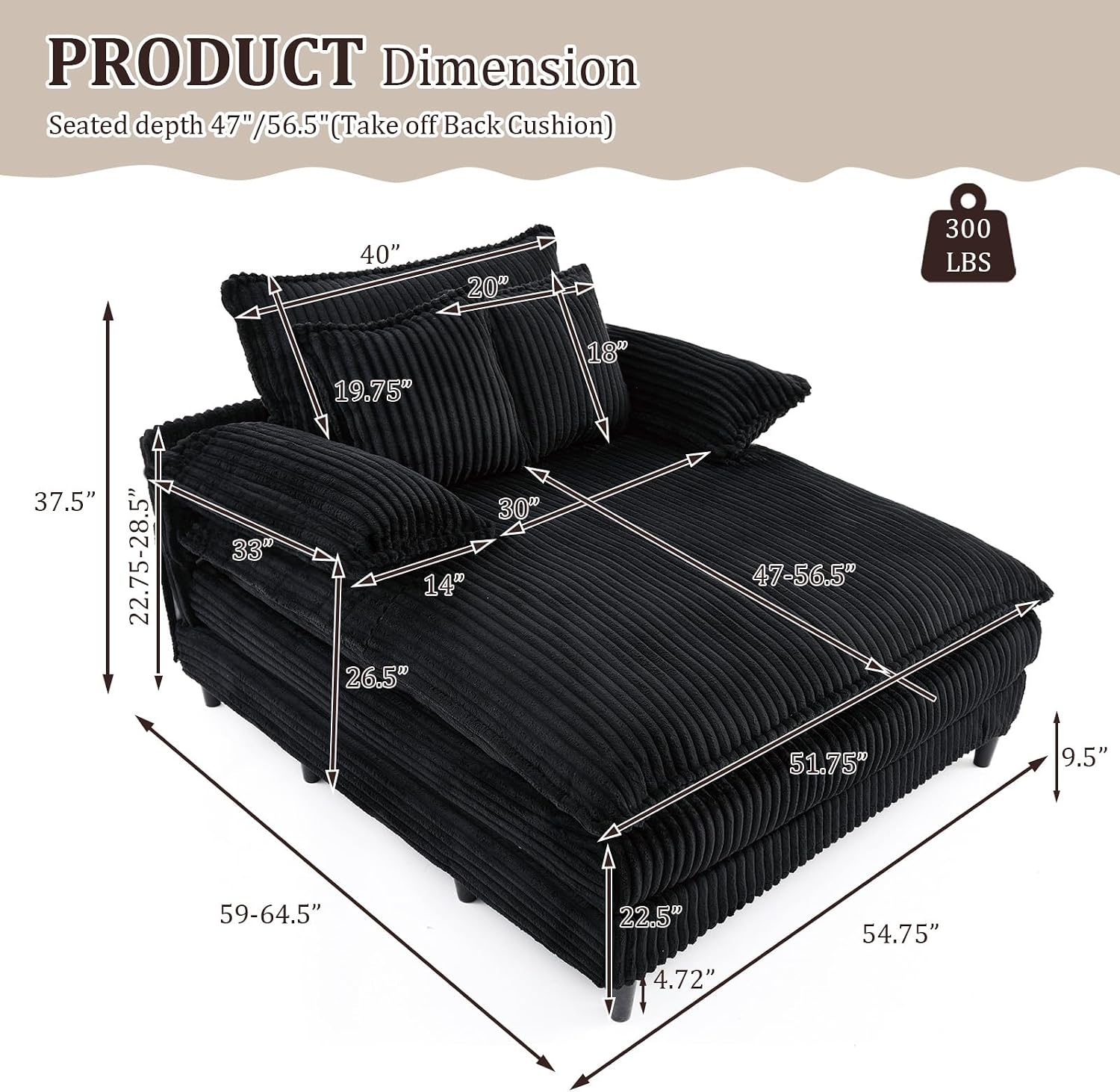 54.74”W Oversized Chaise Lounge Chair Indoor, Modern Upholstered Corduroy Sleeper Sofa Bed Chair, Comfy Deep Seat Sofa Cloud Couch with 3 Pillow, Recliner Reading for Living Room, Bedroom, Black